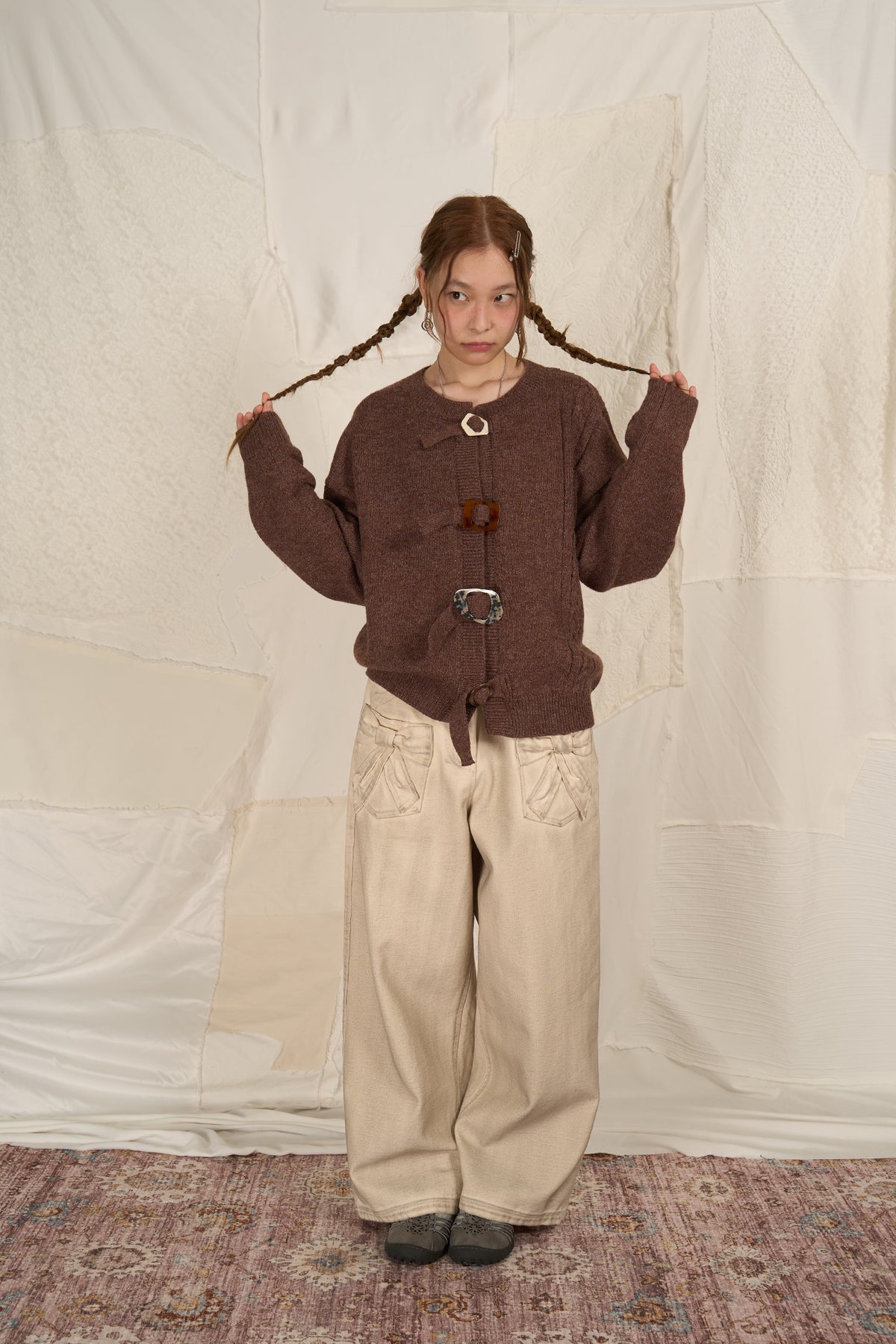 HSUSE Cable-Knit Buckle-Strap Cardigan