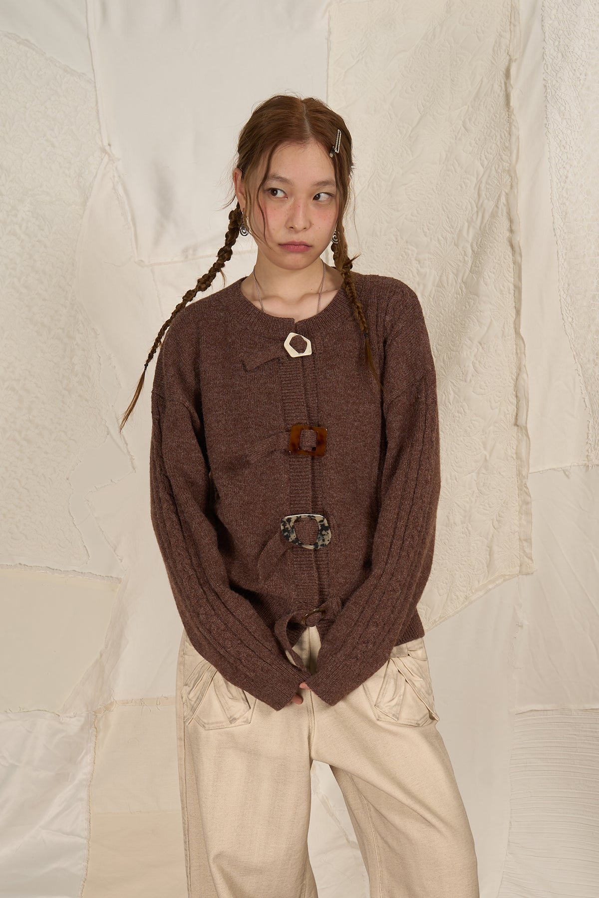 HSUSE Cable-Knit Buckle-Strap Cardigan