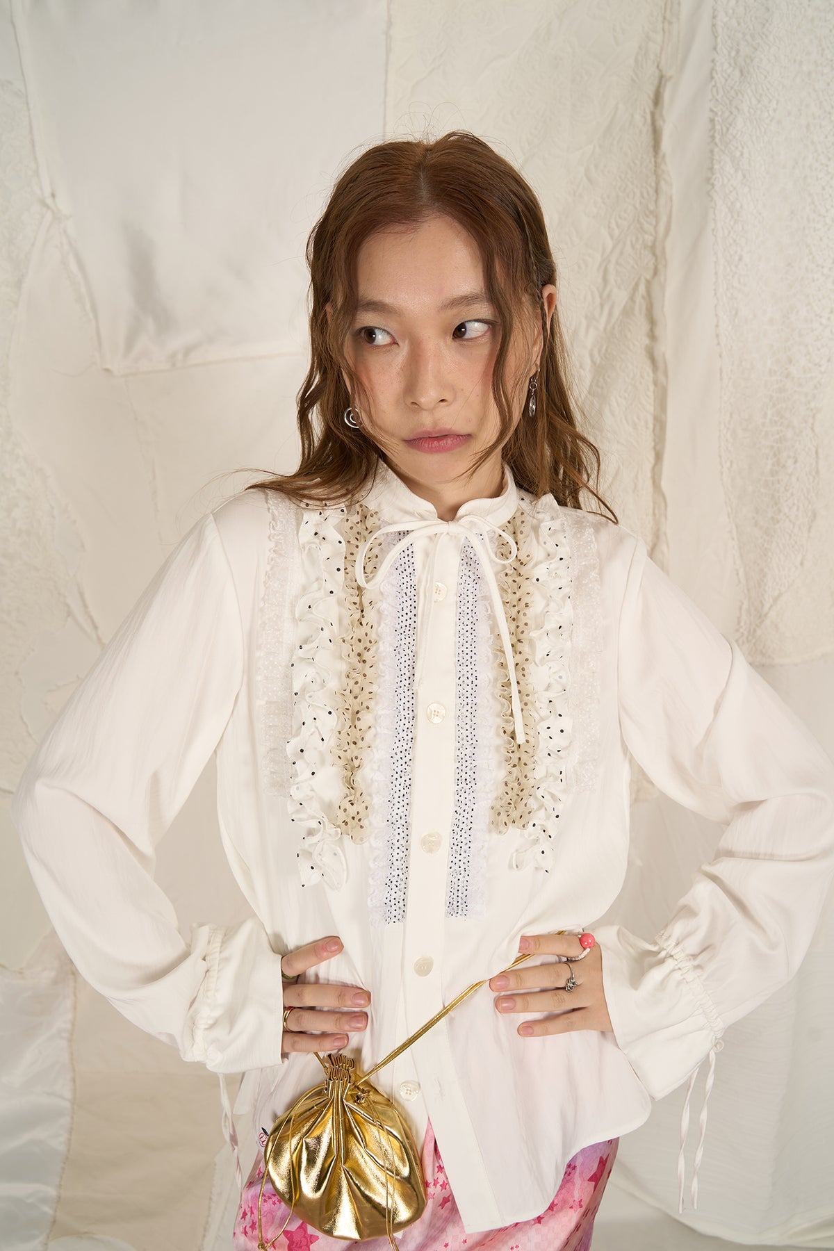 HSUSE Polka Dot Ruffle Trim Bow-Tie Shirt
