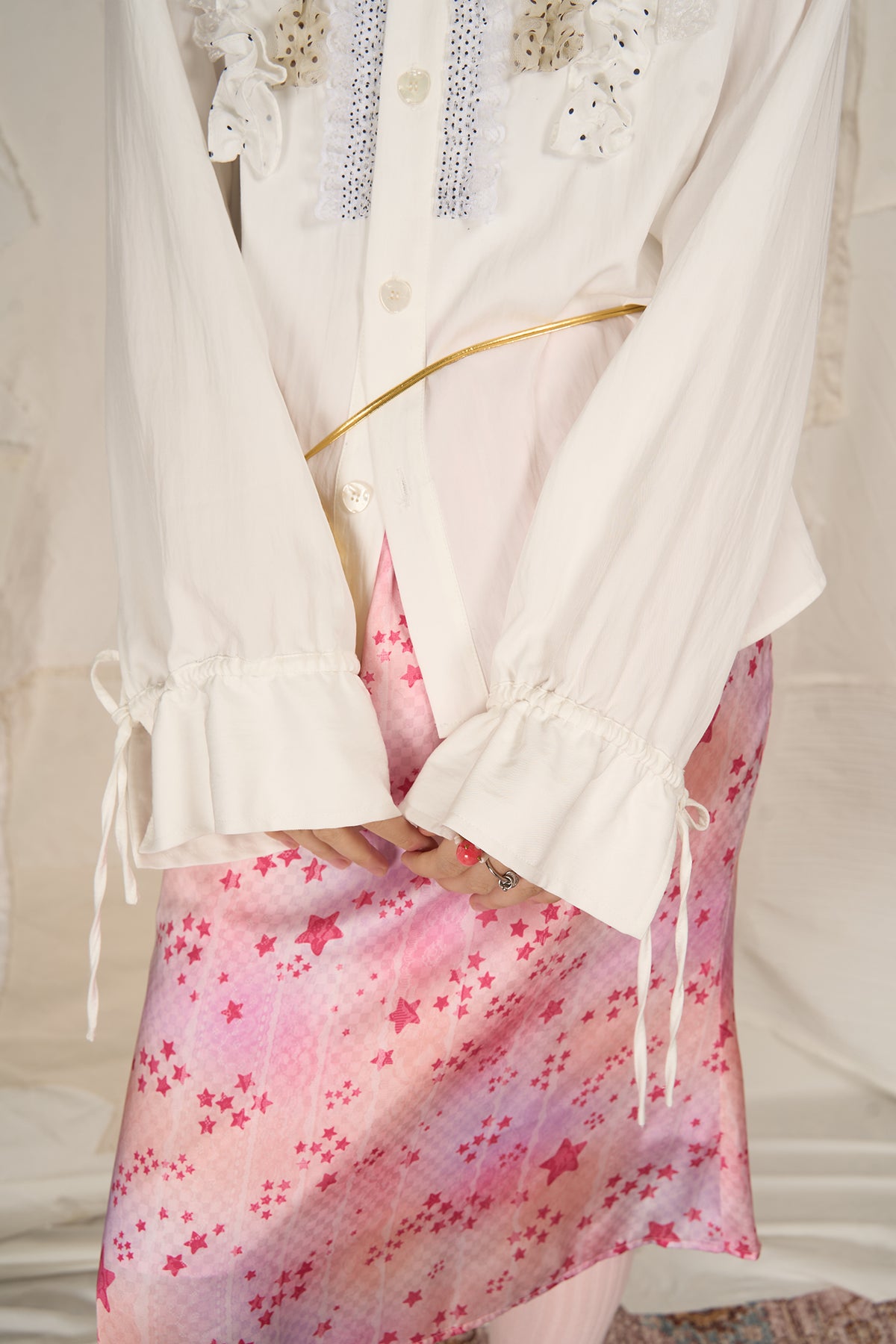 HSUSE Polka Dot Ruffle Trim Bow-Tie Shirt