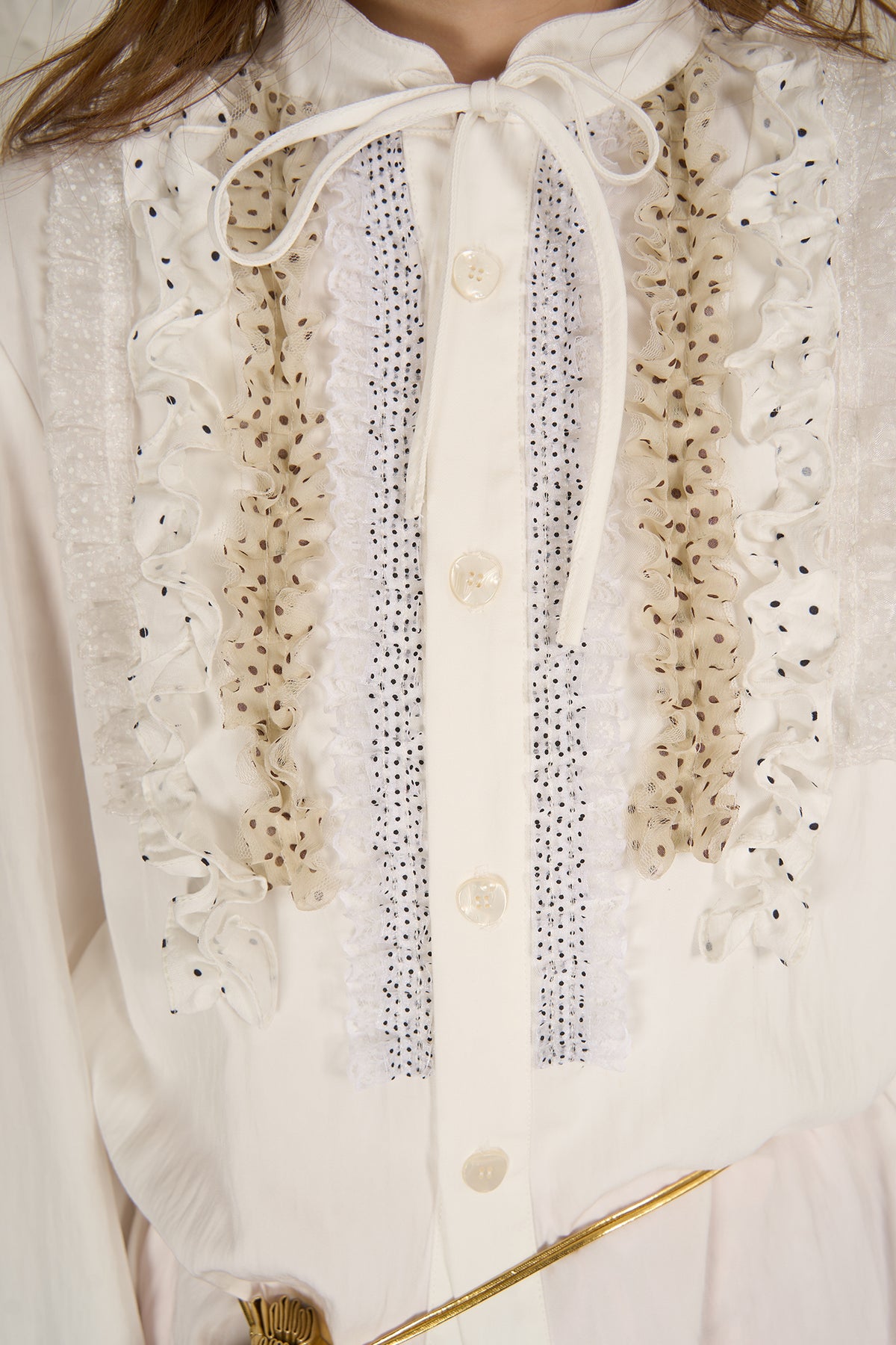 HSUSE Polka Dot Ruffle Trim Bow-Tie Shirt