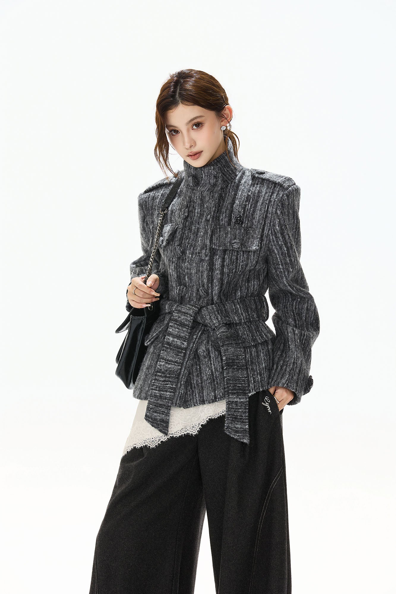 CYNR Woolen Double-Breasted High-Neck Belted Jacket