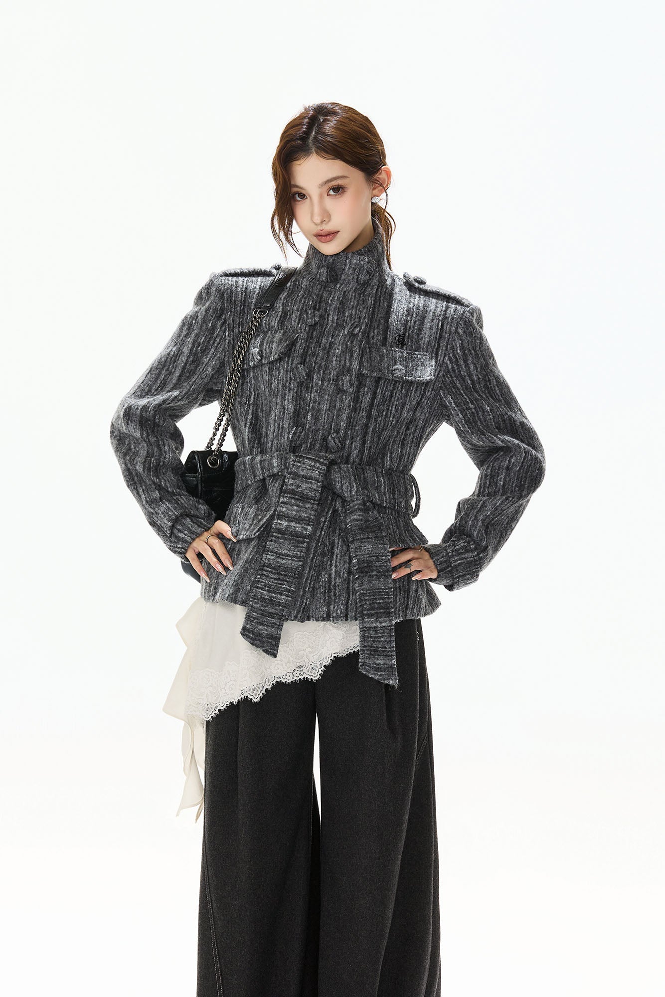 CYNR Woolen Double-Breasted High-Neck Belted Jacket