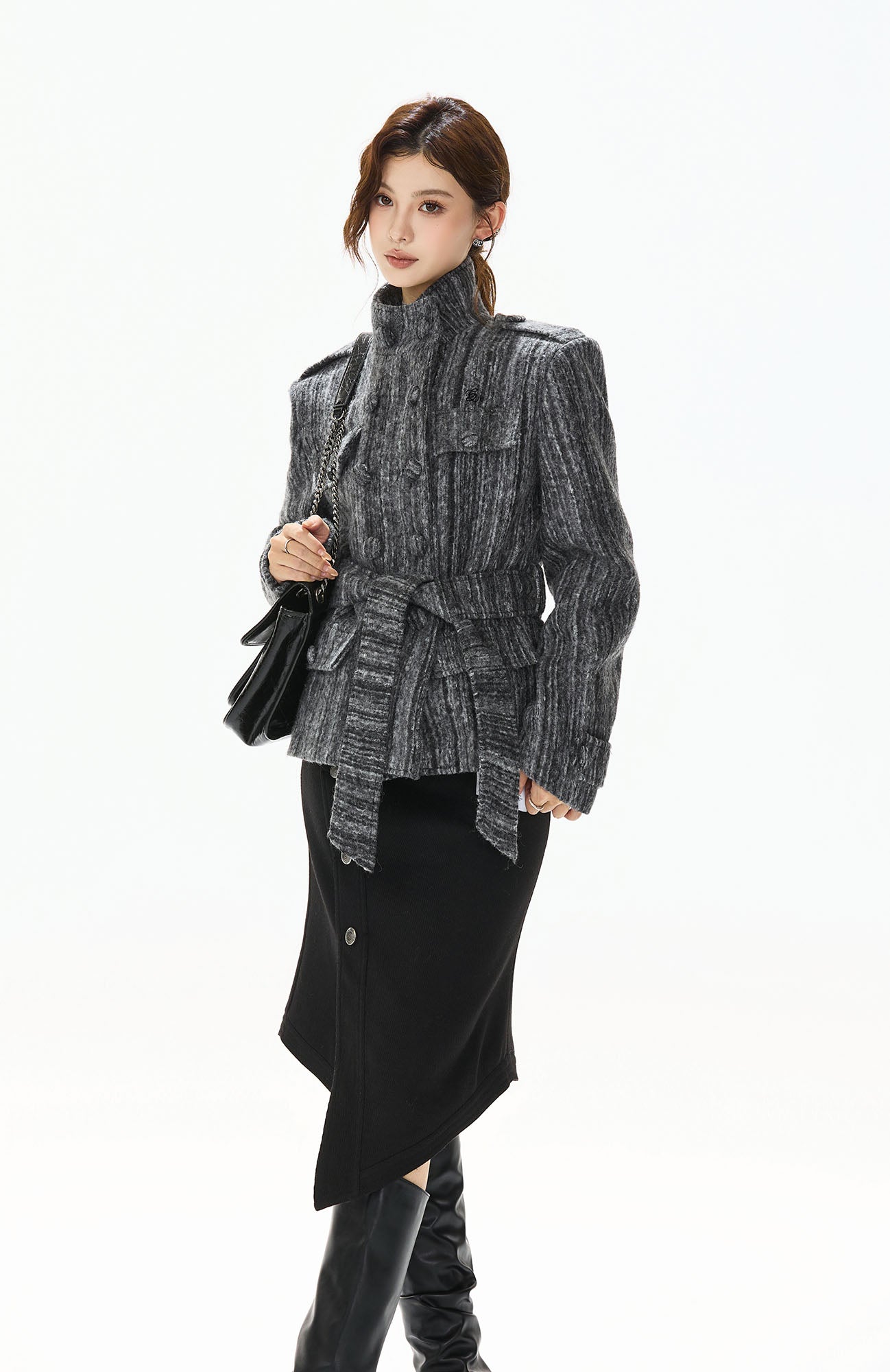 CYNR Woolen Double-Breasted High-Neck Belted Jacket