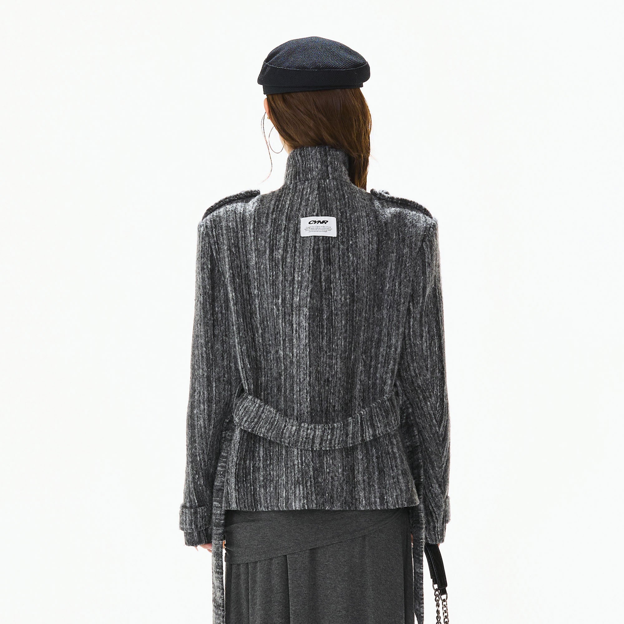 CYGNENOYR Woolen Double-Breasted High-Neck Belted Jacket