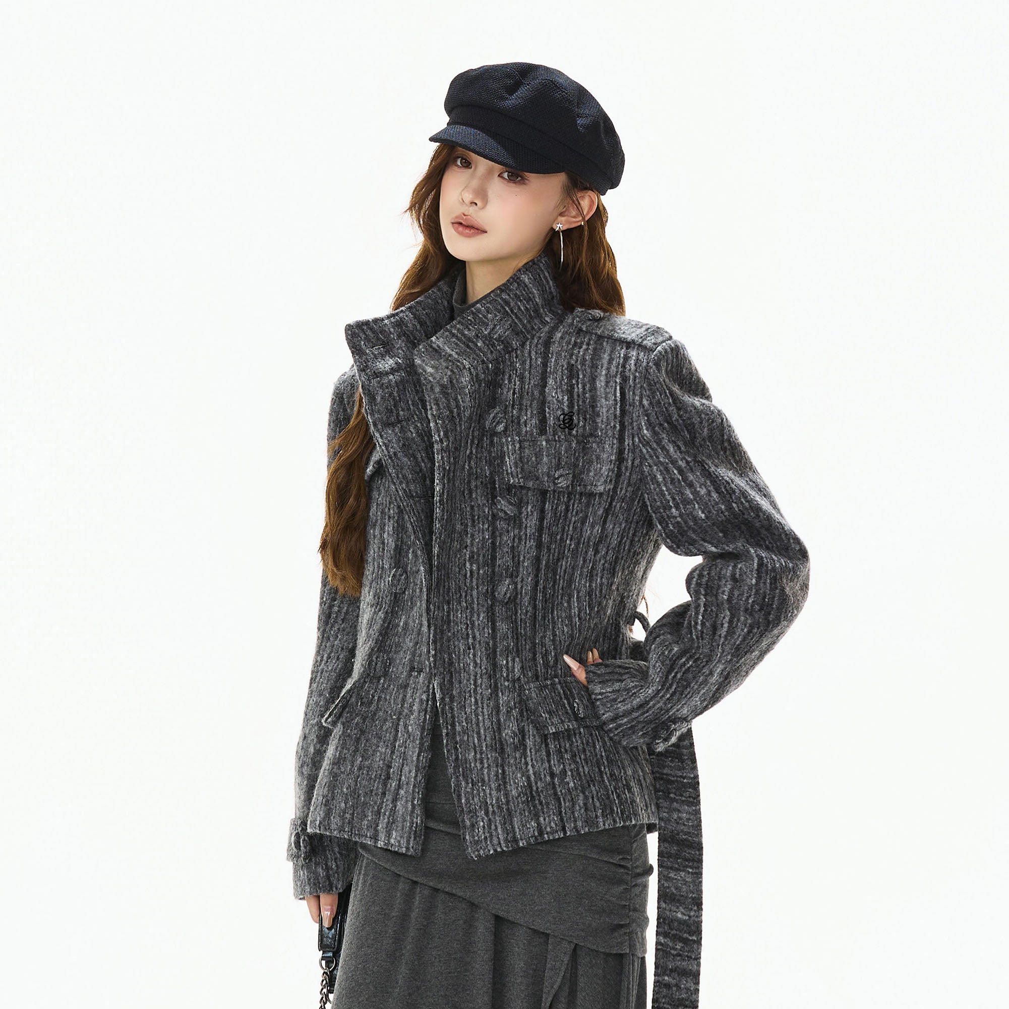 CYNR Woolen Double-Breasted High-Neck Belted Jacket
