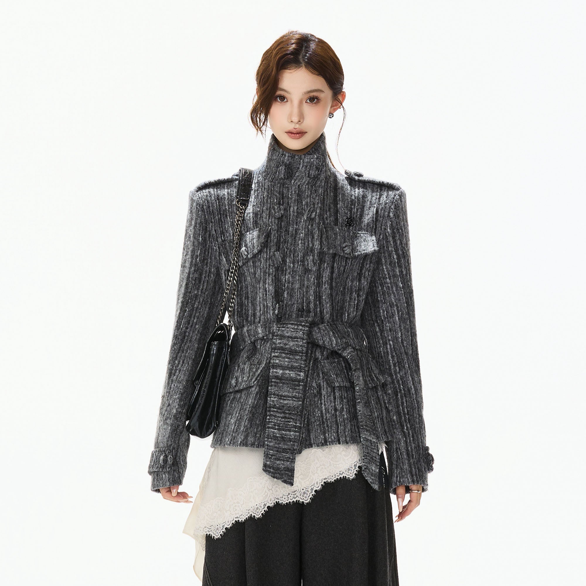 CYGNENOYR Woolen Double-Breasted High-Neck Belted Jacket