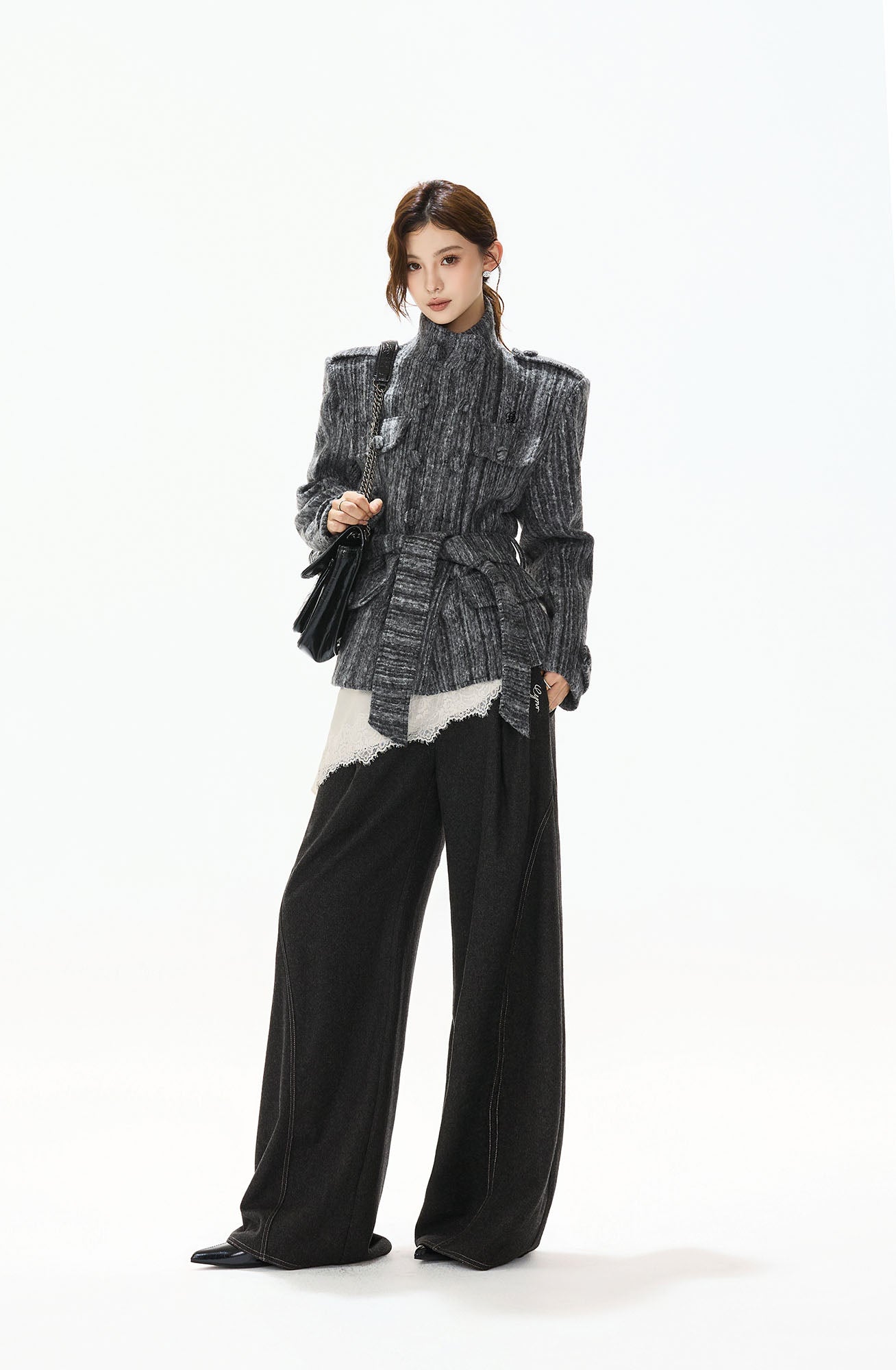 CYNR Woolen Double-Breasted High-Neck Belted Jacket
