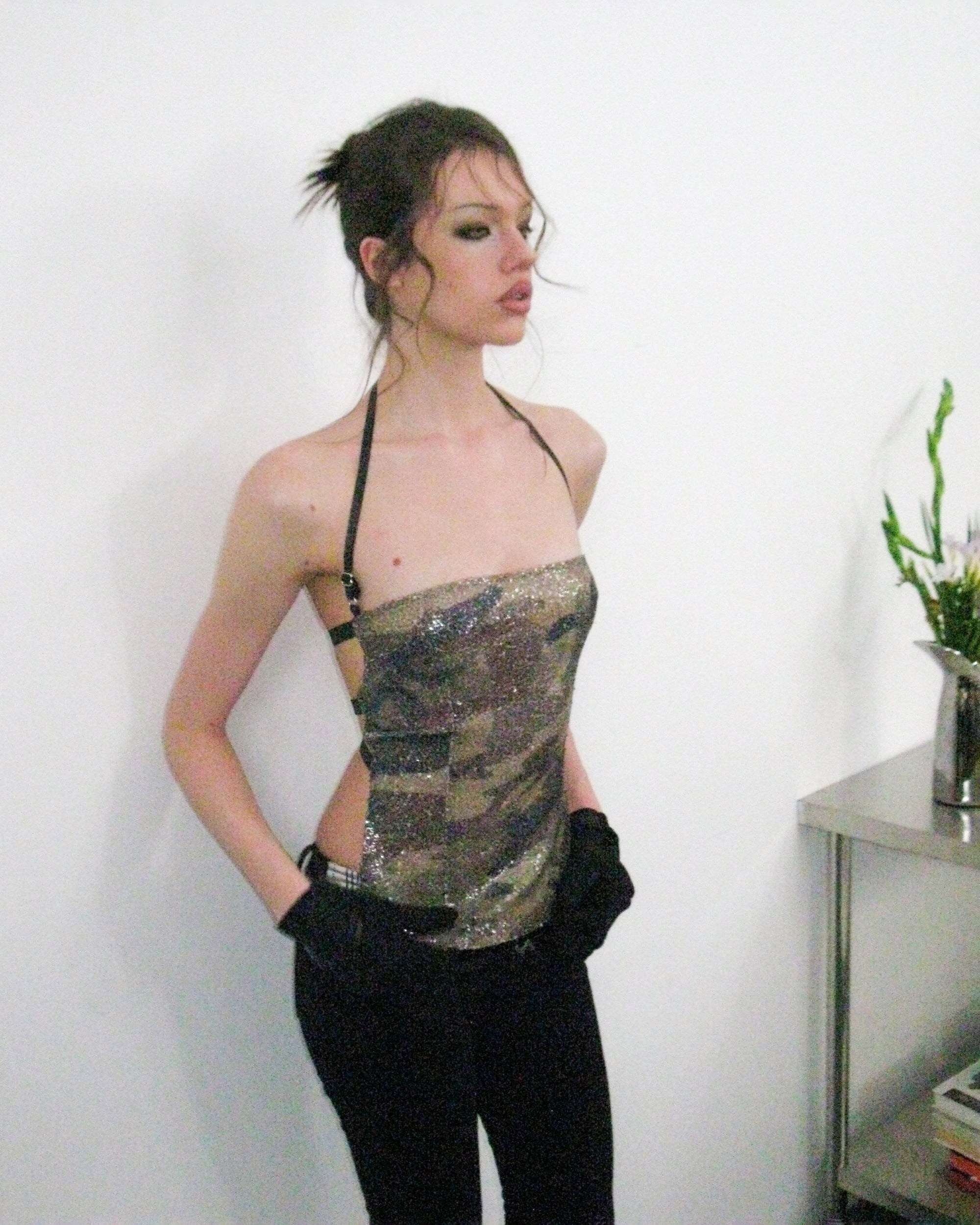 NEVER OFFEND L ANGEL Glitter Camo Strappy Open-Back Halter Top