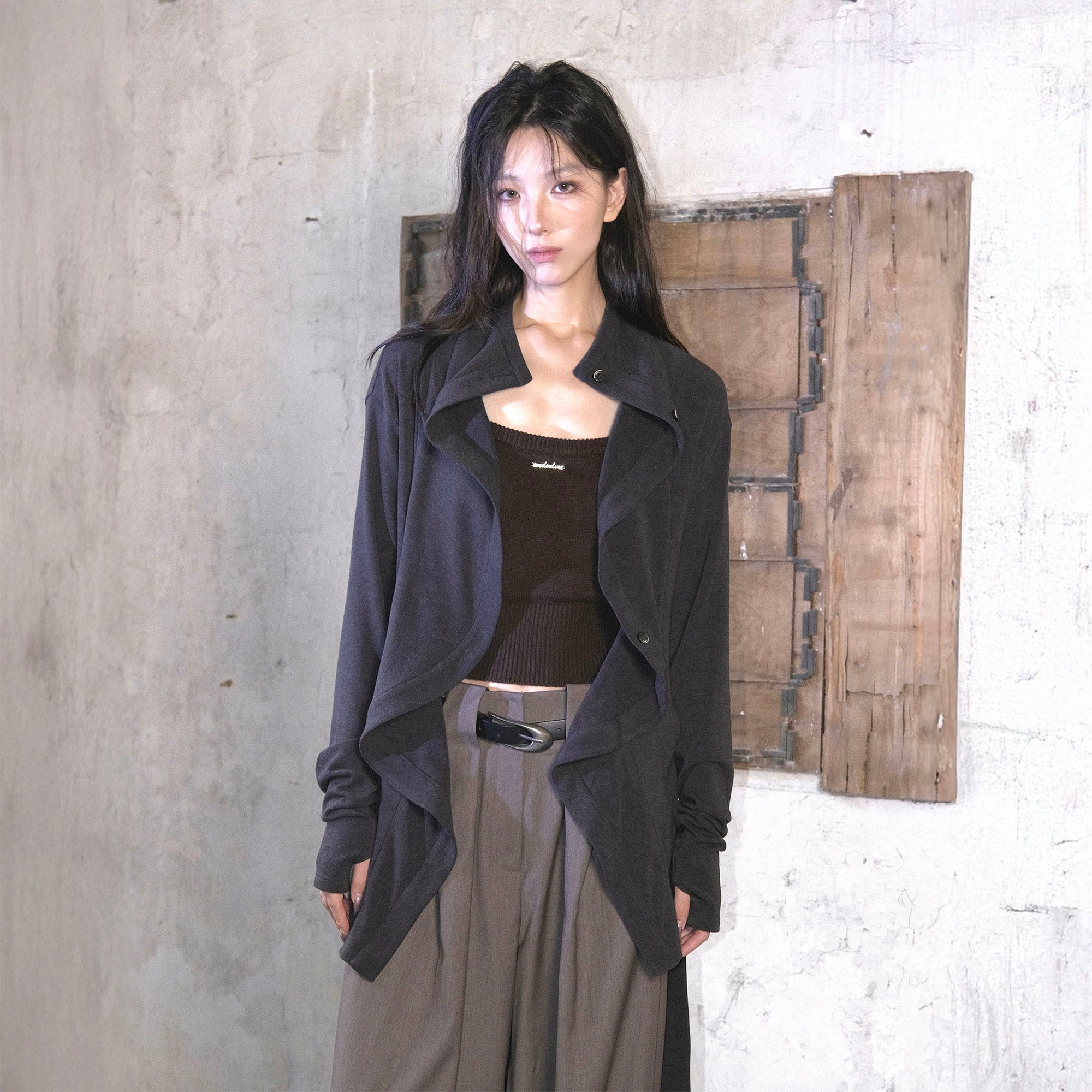 WHYNOTDANCE Ruffle-Front Mock Draped Cardigan