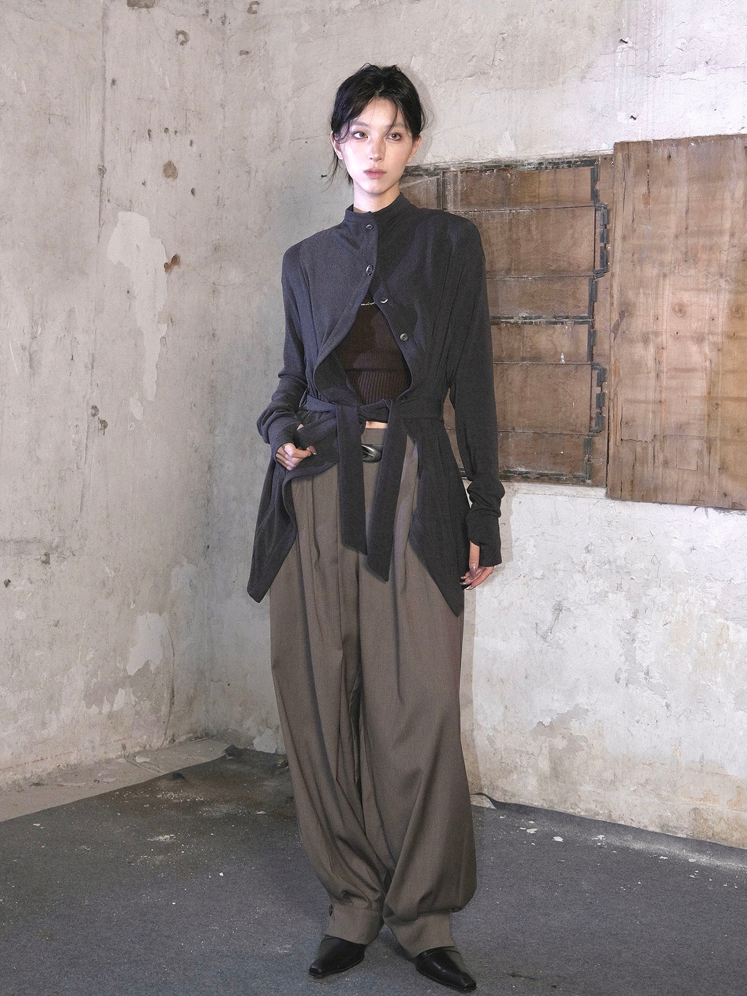 WHYNOTDANCE Ruffle-Front Mock Draped Cardigan