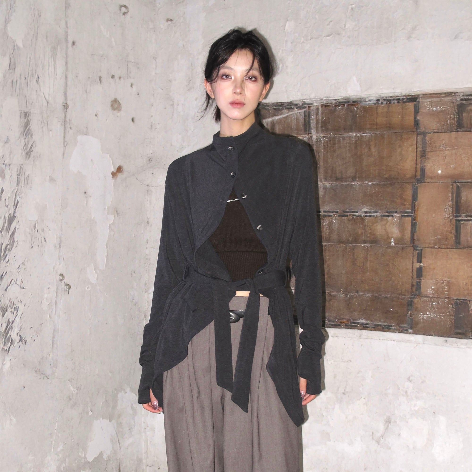 WHYNOTDANCE Ruffle-Front Mock Draped Cardigan