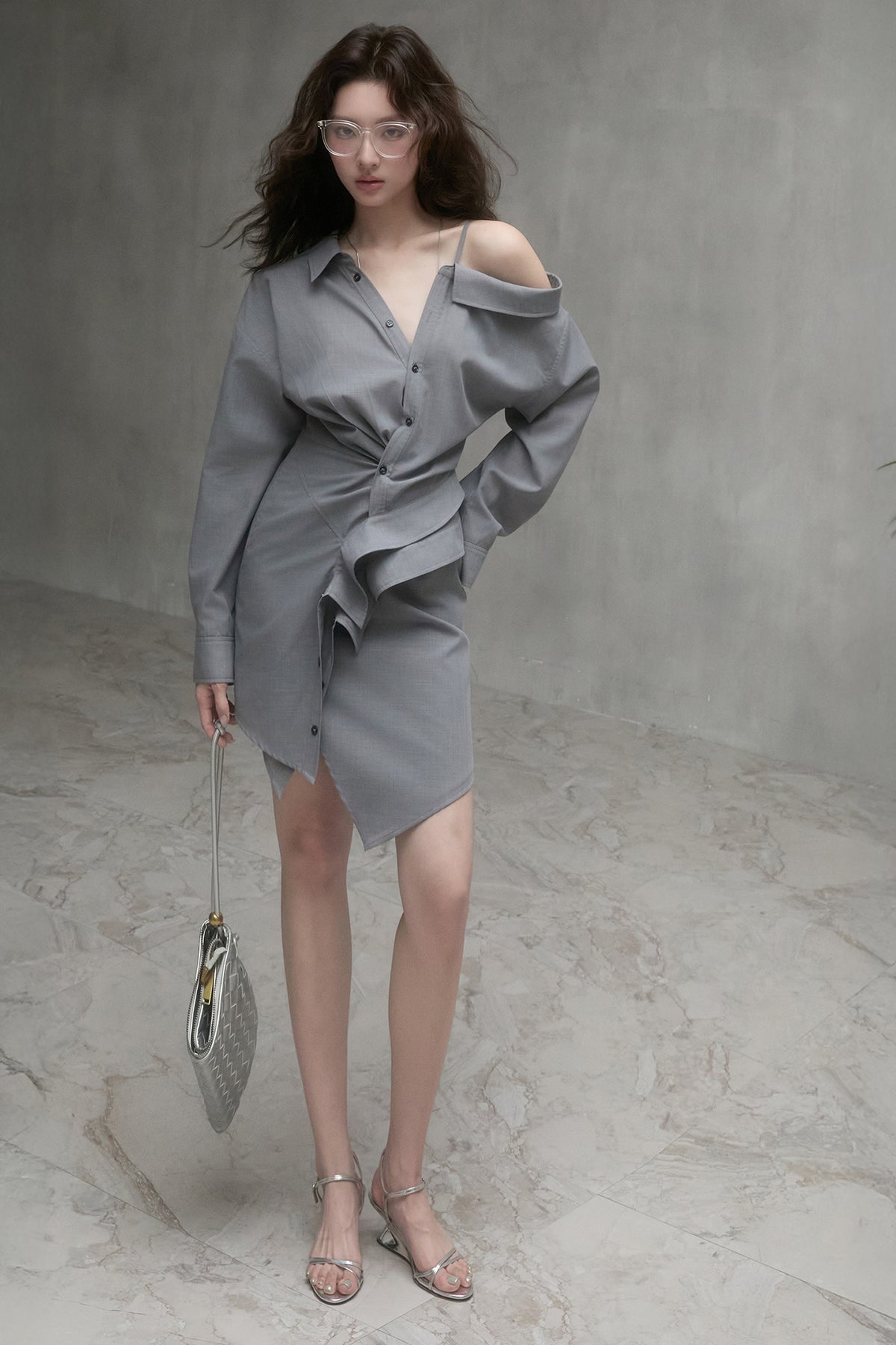 MXU Deconstructed Off-Shoulder Linen Wool Shirt Dress