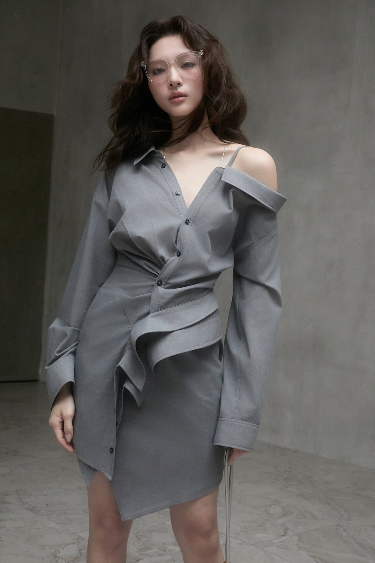 MXU Deconstructed Off-Shoulder Linen Wool Shirt Dress
