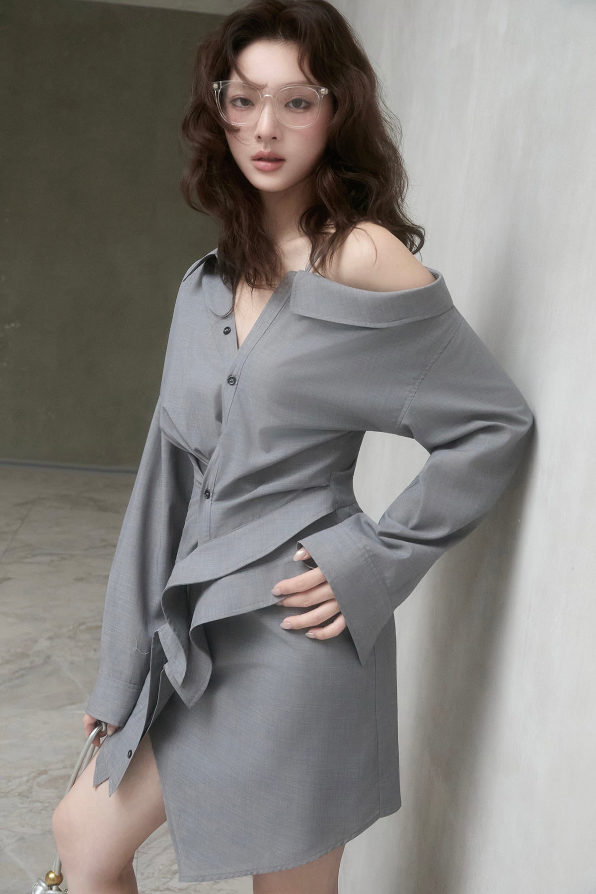 MXU Deconstructed Off-Shoulder Linen Wool Shirt Dress