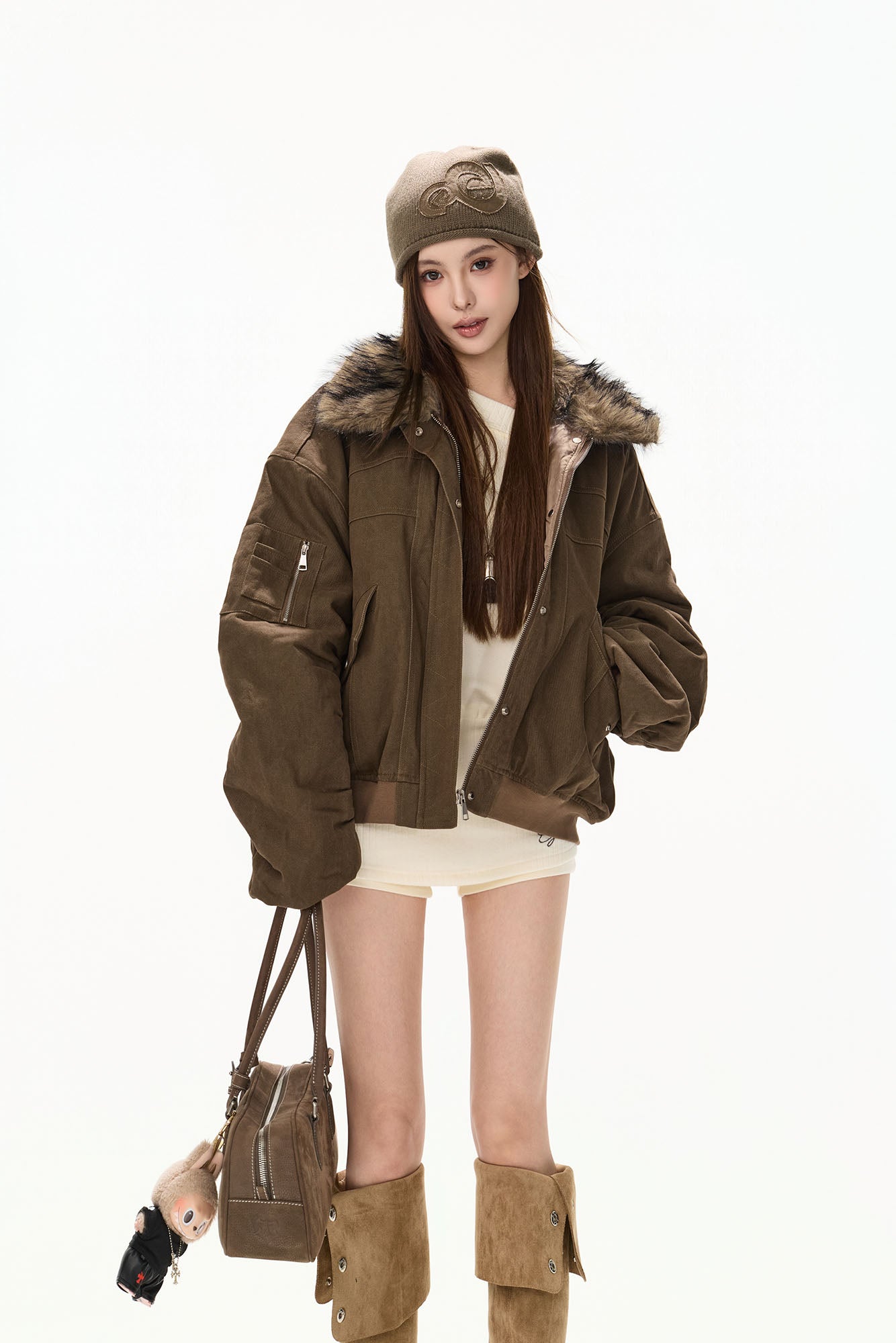 CYGNENOYR Faux Fur-Trim Utility Bomber Jacket