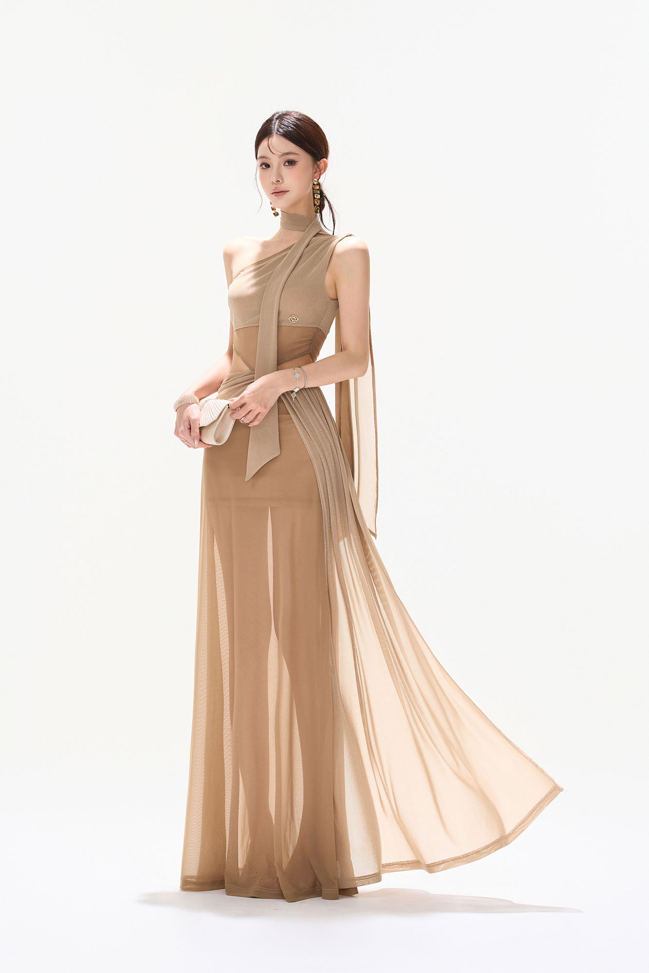 CYNR Asymmetrical Scarf-Tie Sheer Maxi Dress