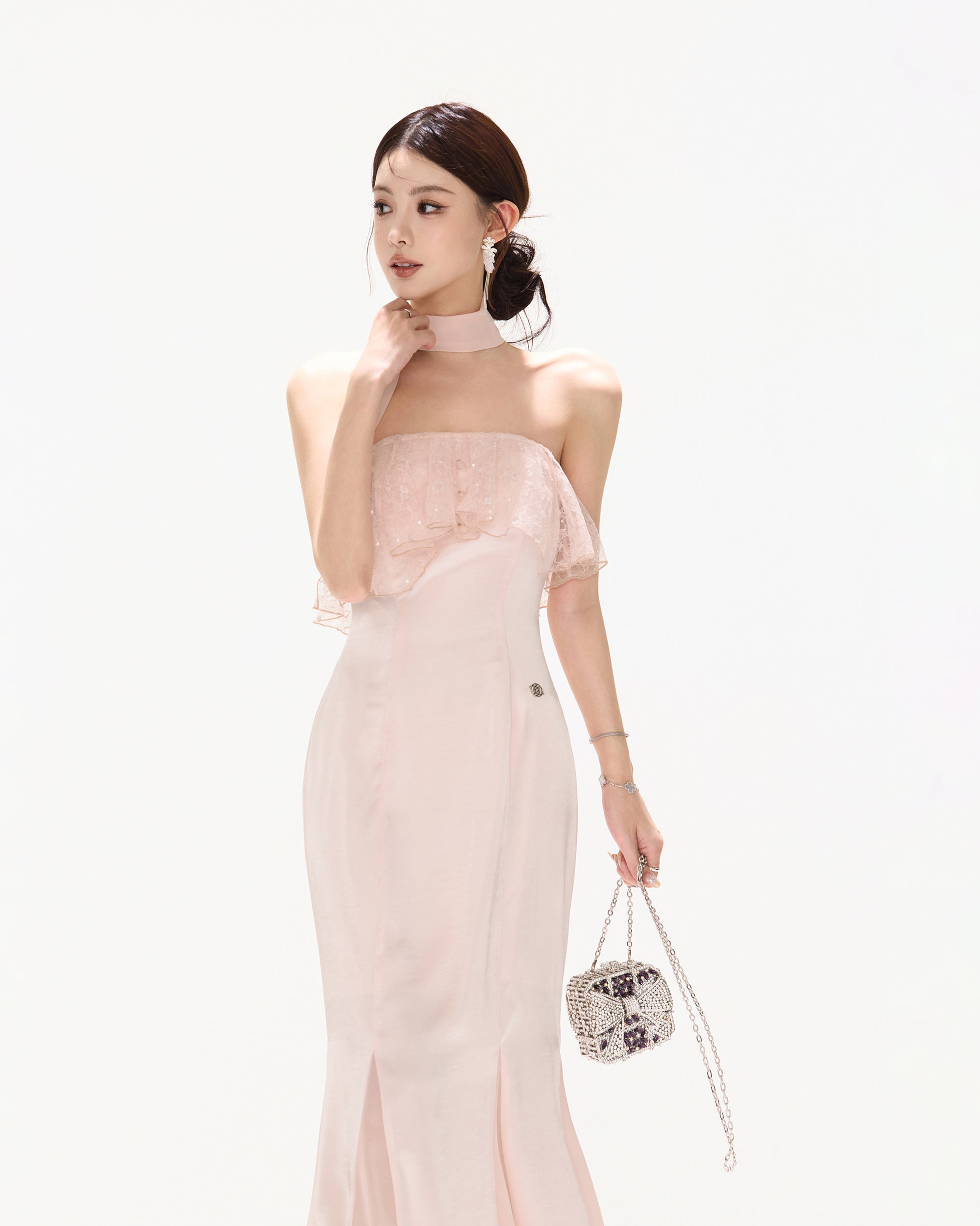 CYNR Lace Ruffle Strapless Mermaid Dress