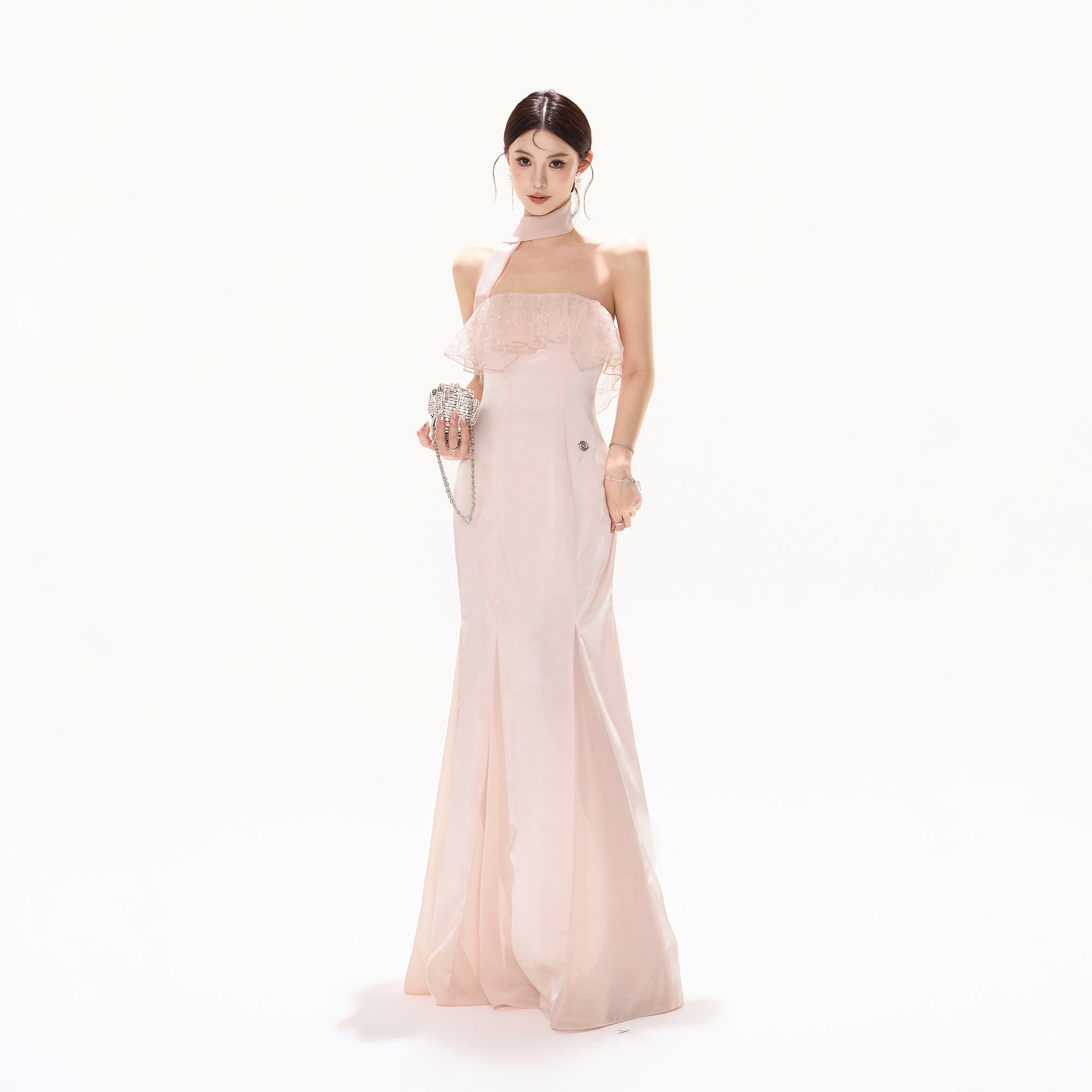CYNR Lace Ruffle Strapless Mermaid Dress