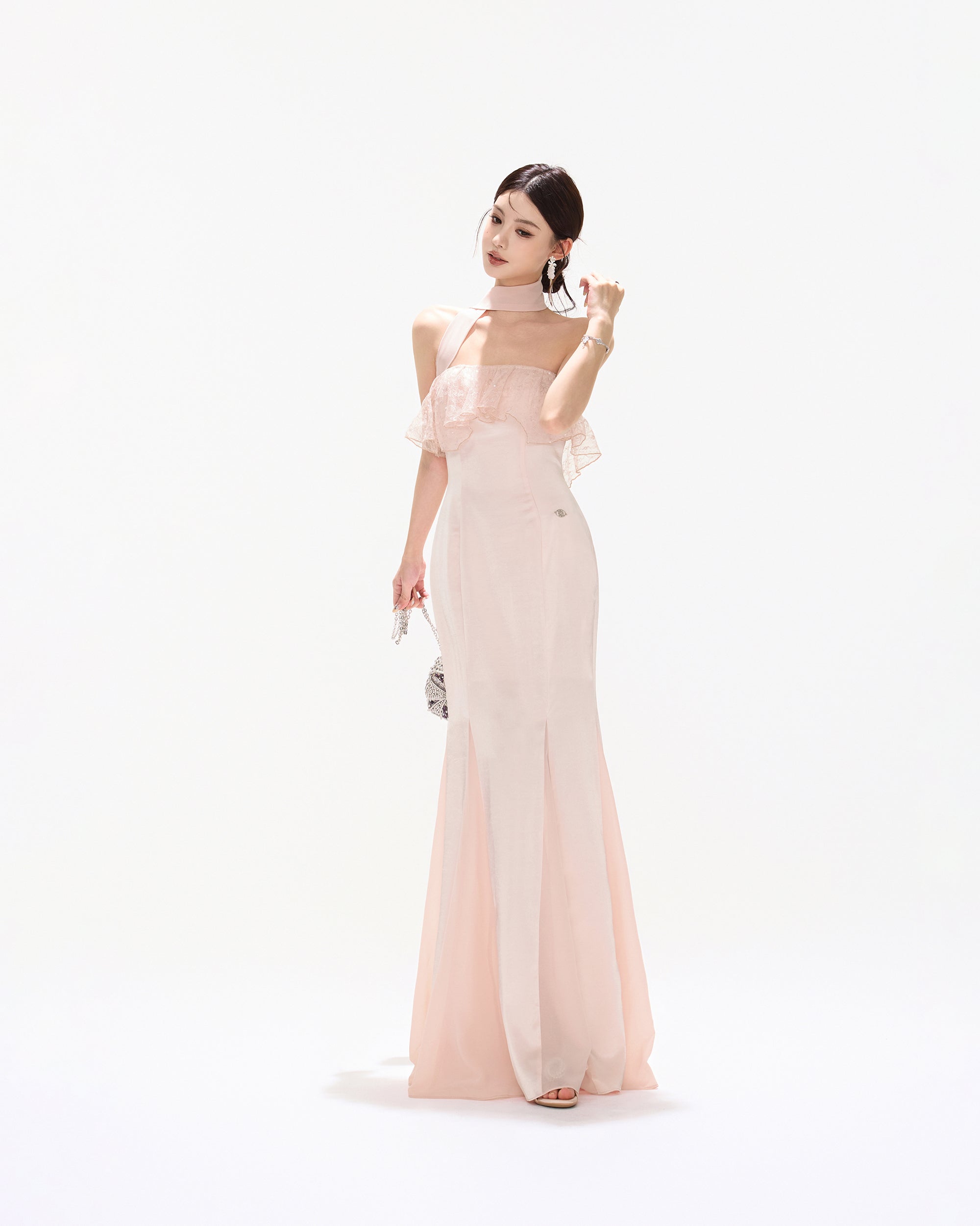 CYNR Lace Ruffle Strapless Mermaid Dress