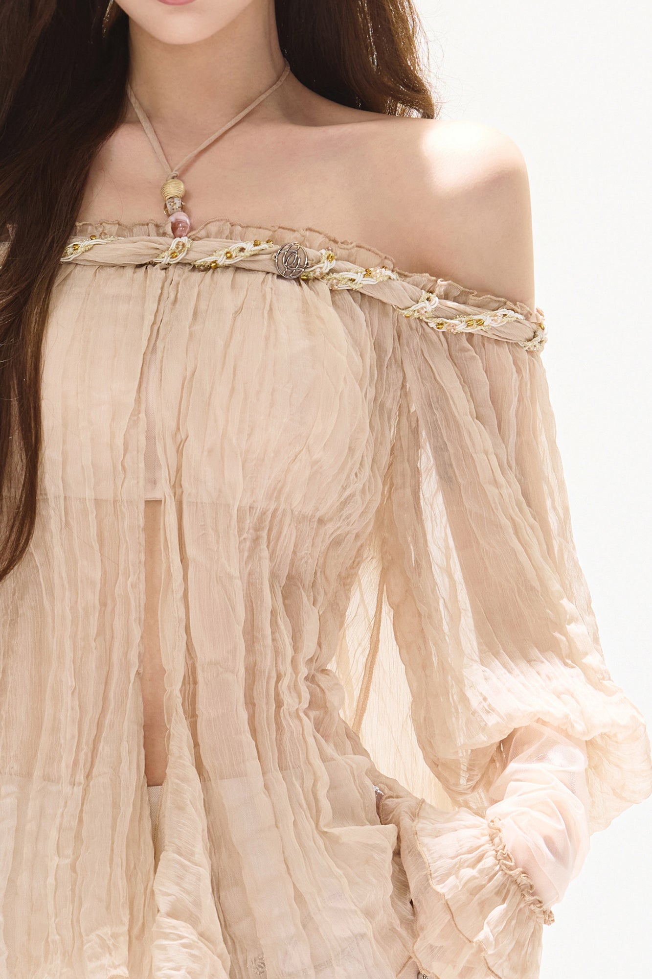 CYNR Off-Shoulder Sheer Crinkled Blouse
