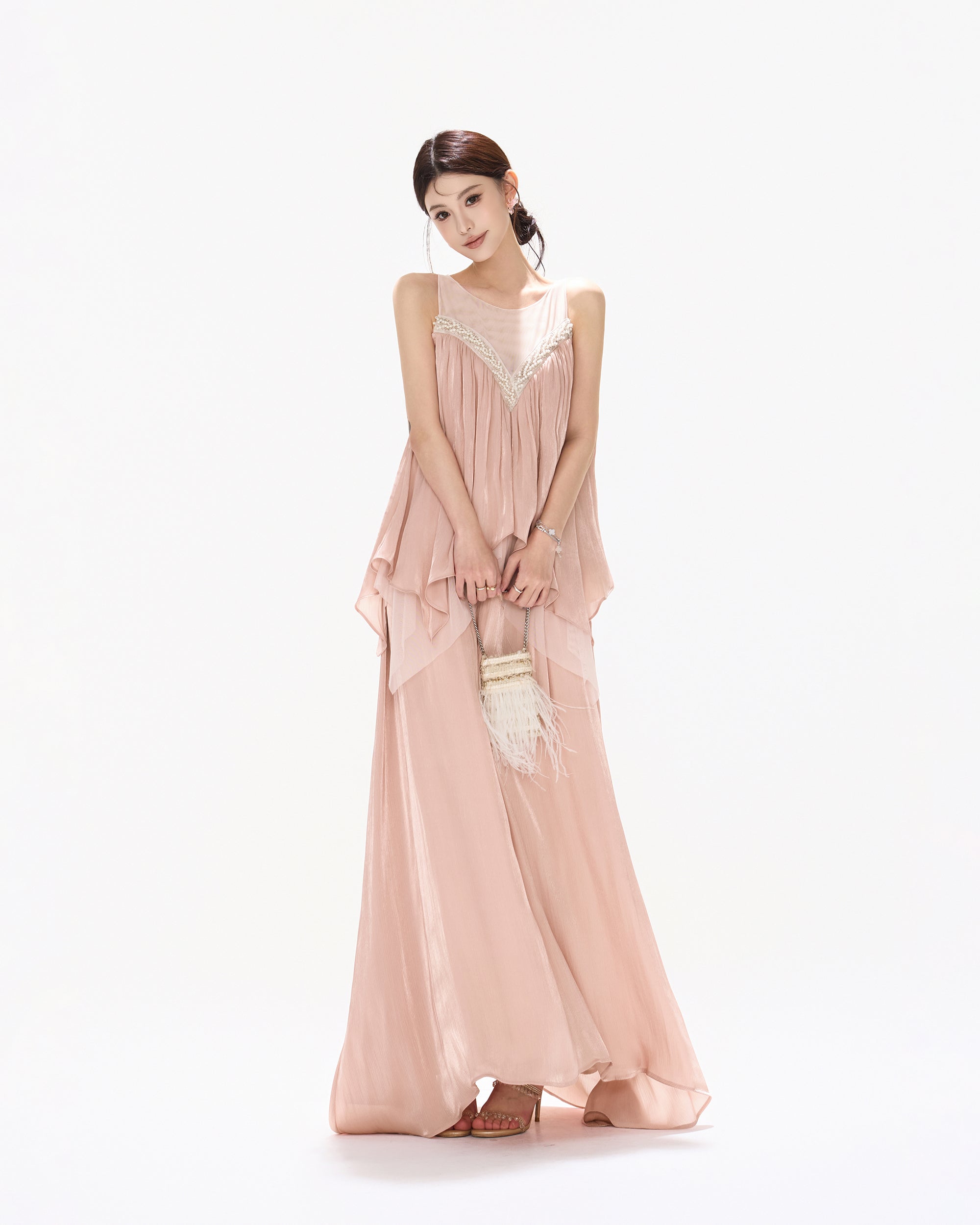 CYNR Beaded Shimmer Pleated Layered Maxi Dress