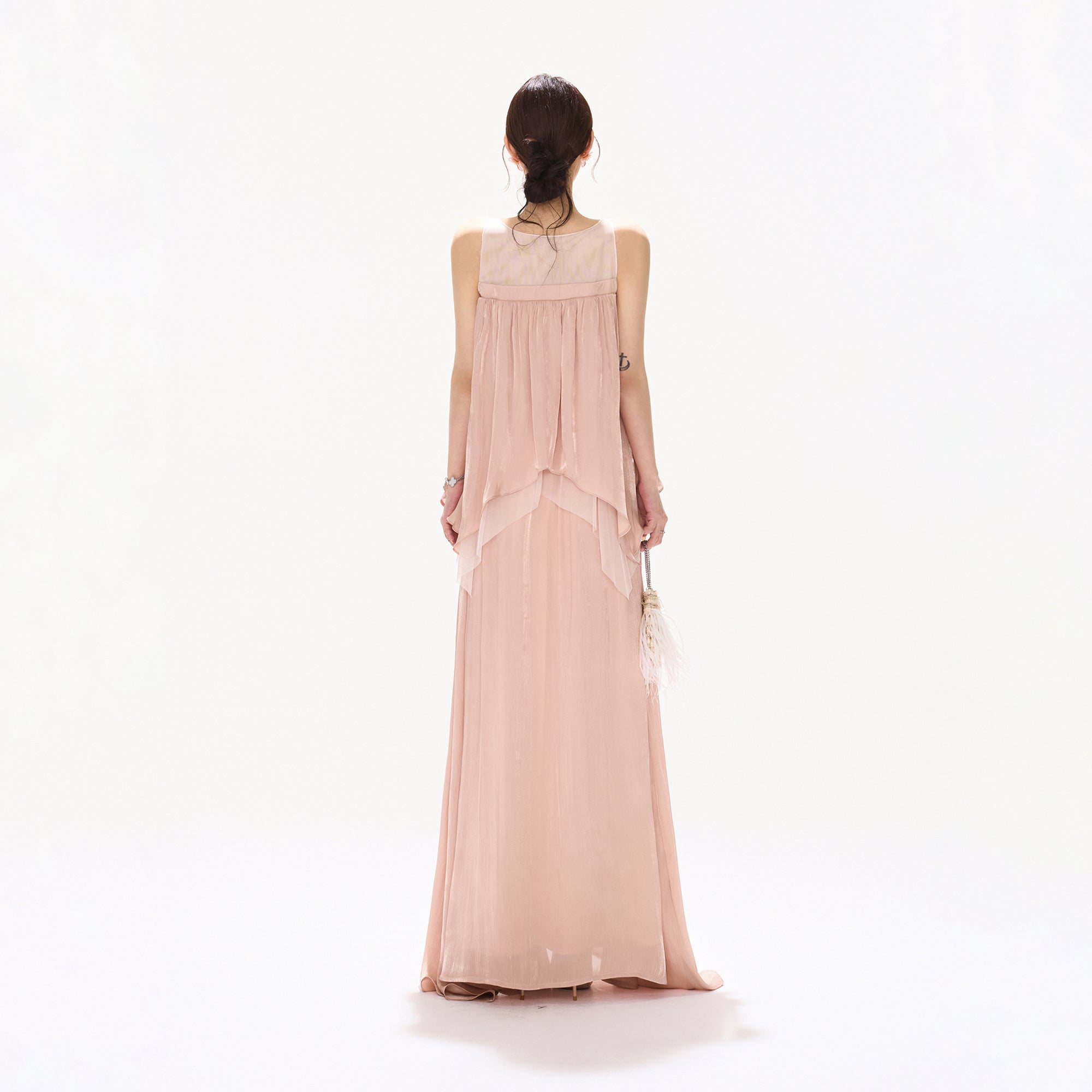 CYNR Beaded Shimmer Pleated Layered Maxi Dress
