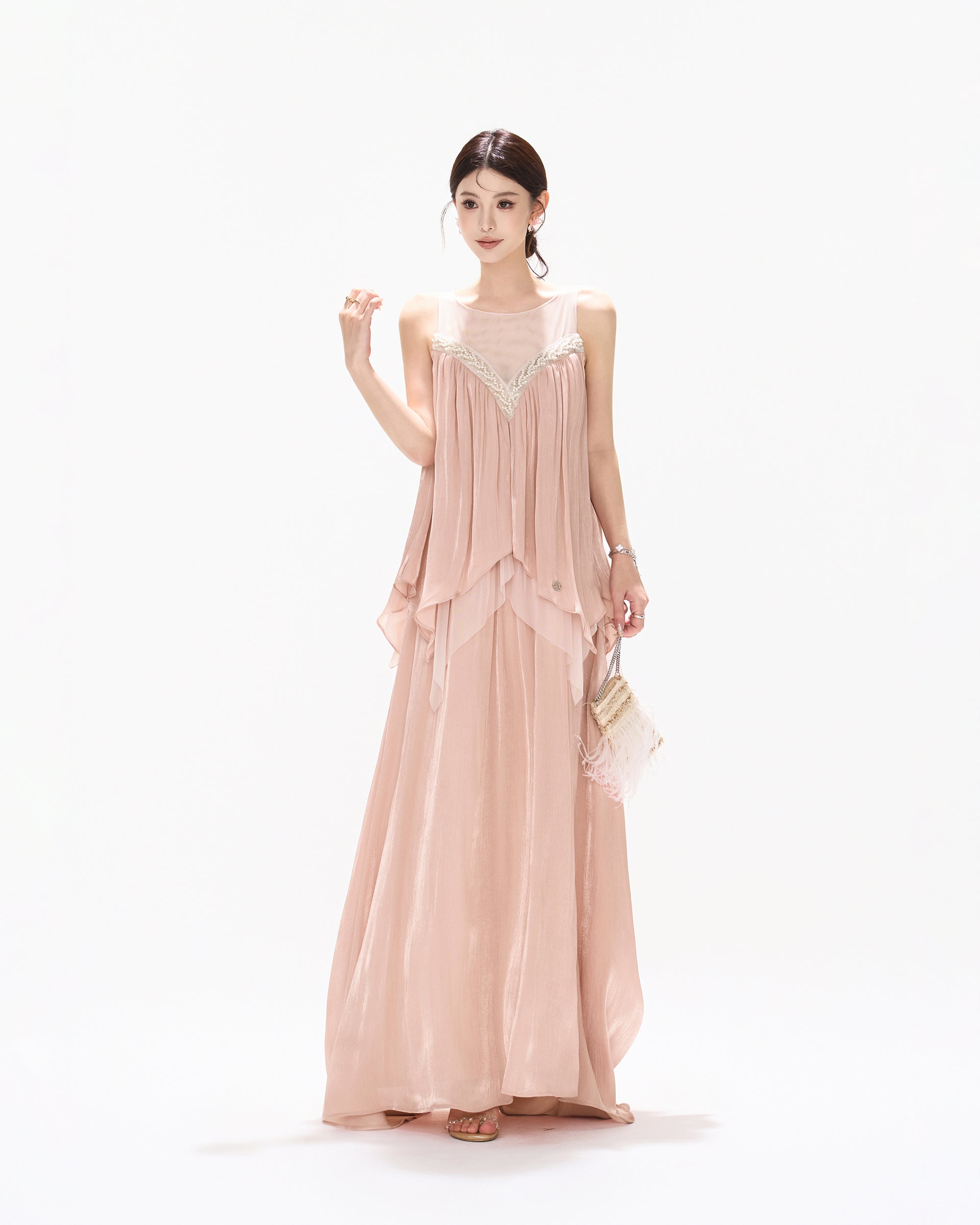 CYNR Beaded Shimmer Pleated Layered Maxi Dress