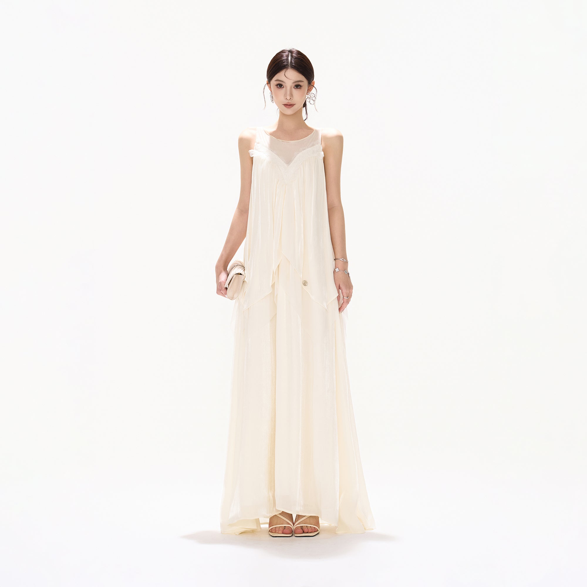CYNR Layered Mesh-Spliced Sleeveless Maxi Dress