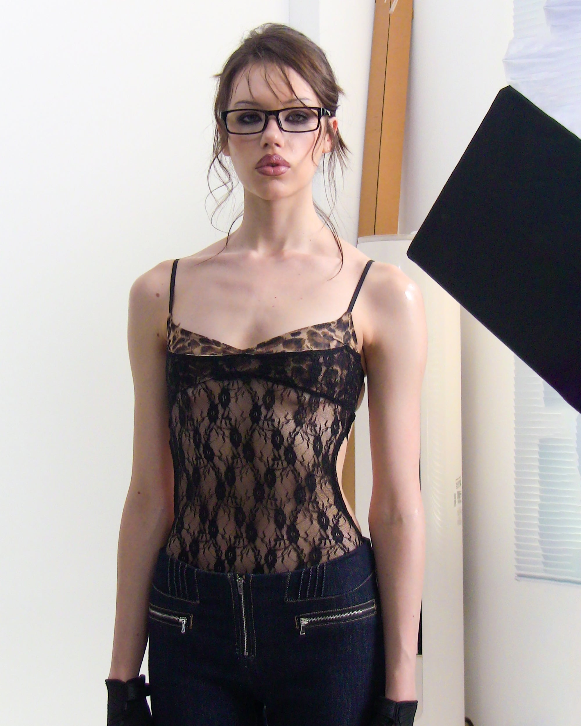 NEVER OFFEND L ANGEL Leopard Trim Lace Cross-Back Bodysuit