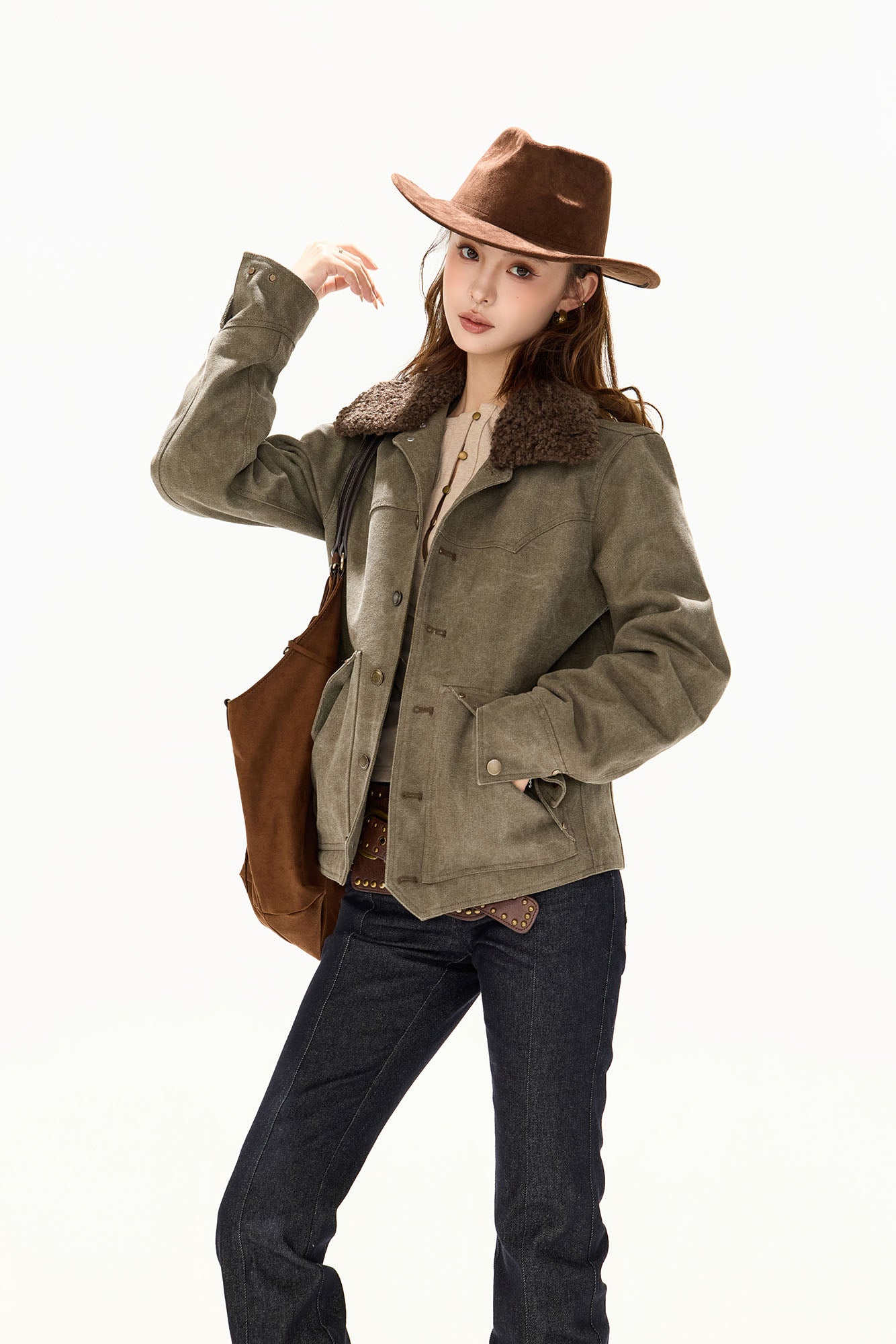 CYGNENOYR Detachable Sherpa Trim Washed Jacket