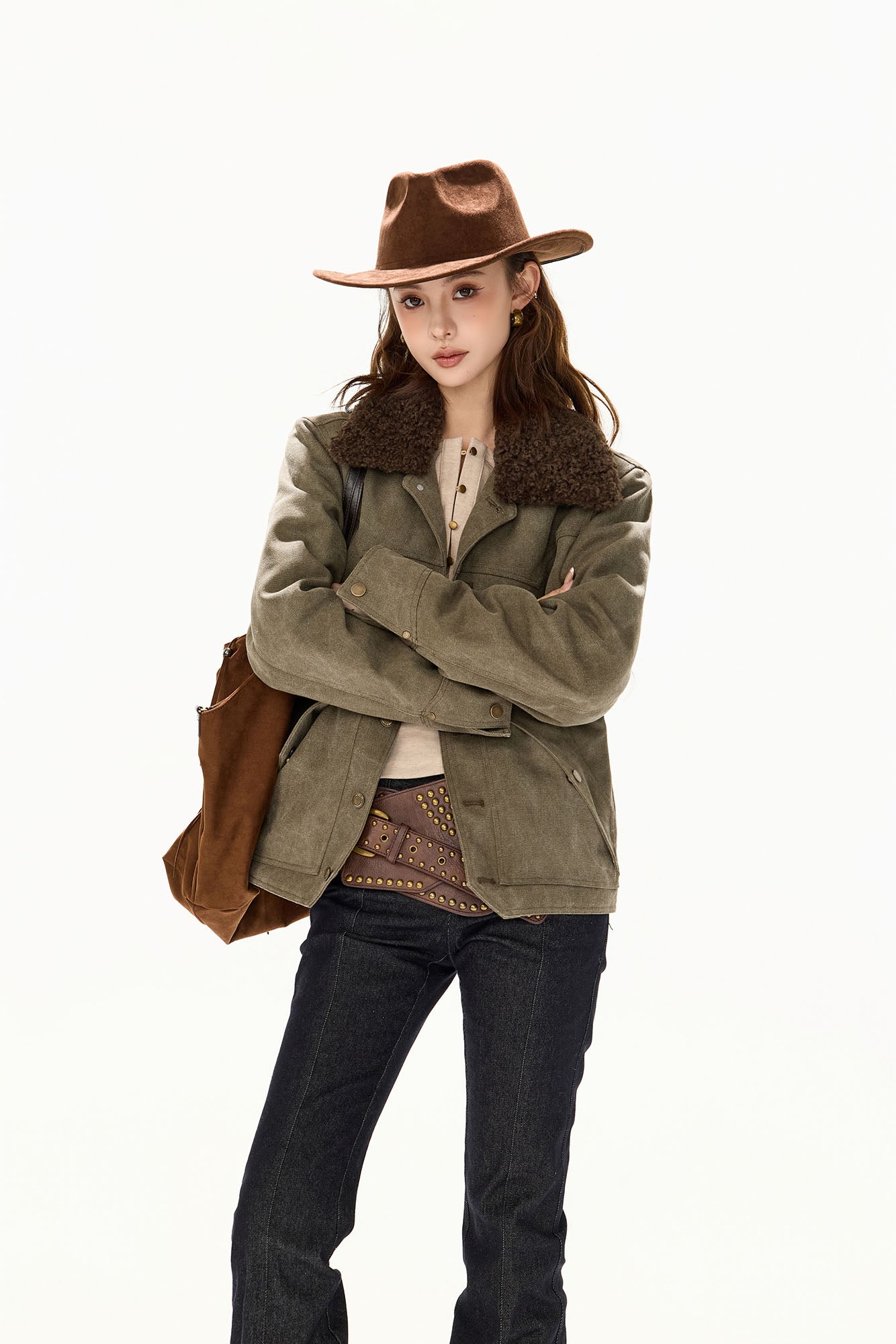 CYGNENOYR Detachable Sherpa Trim Washed Jacket