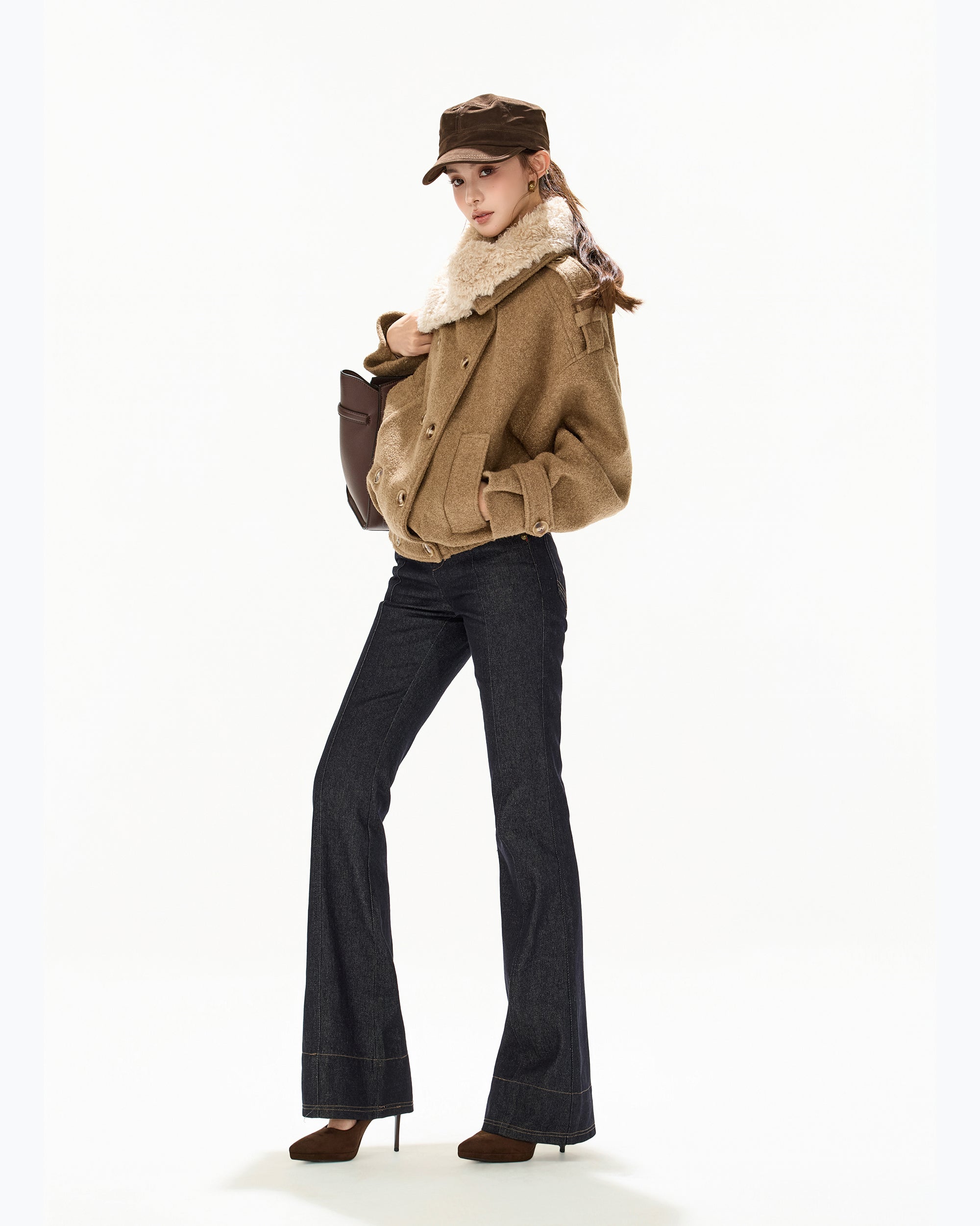 CYGNENOYR Asymmetric Detachable-Collar Wool-Blend Coat