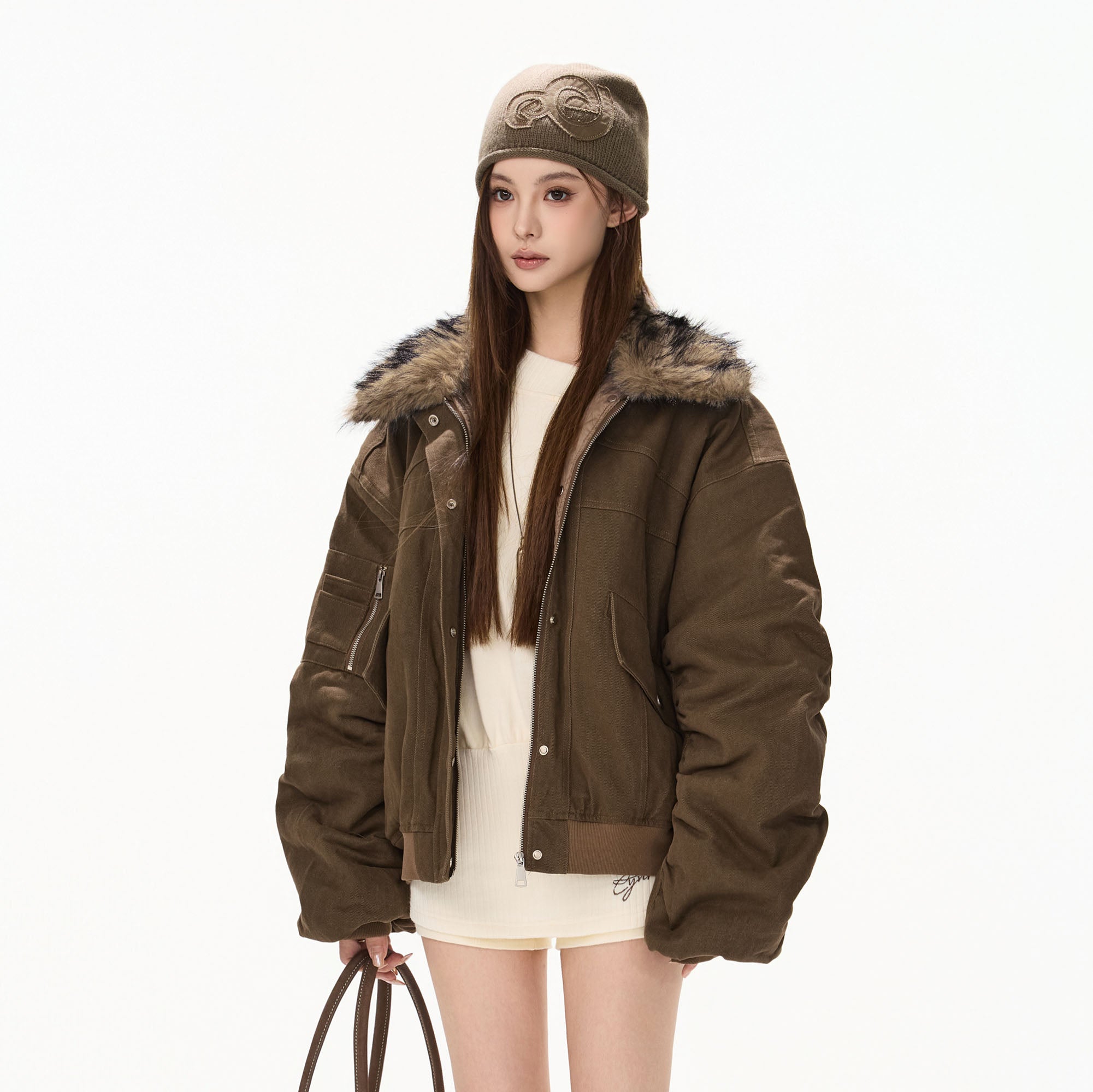 CYGNENOYR Faux Fur-Trim Utility Bomber Jacket