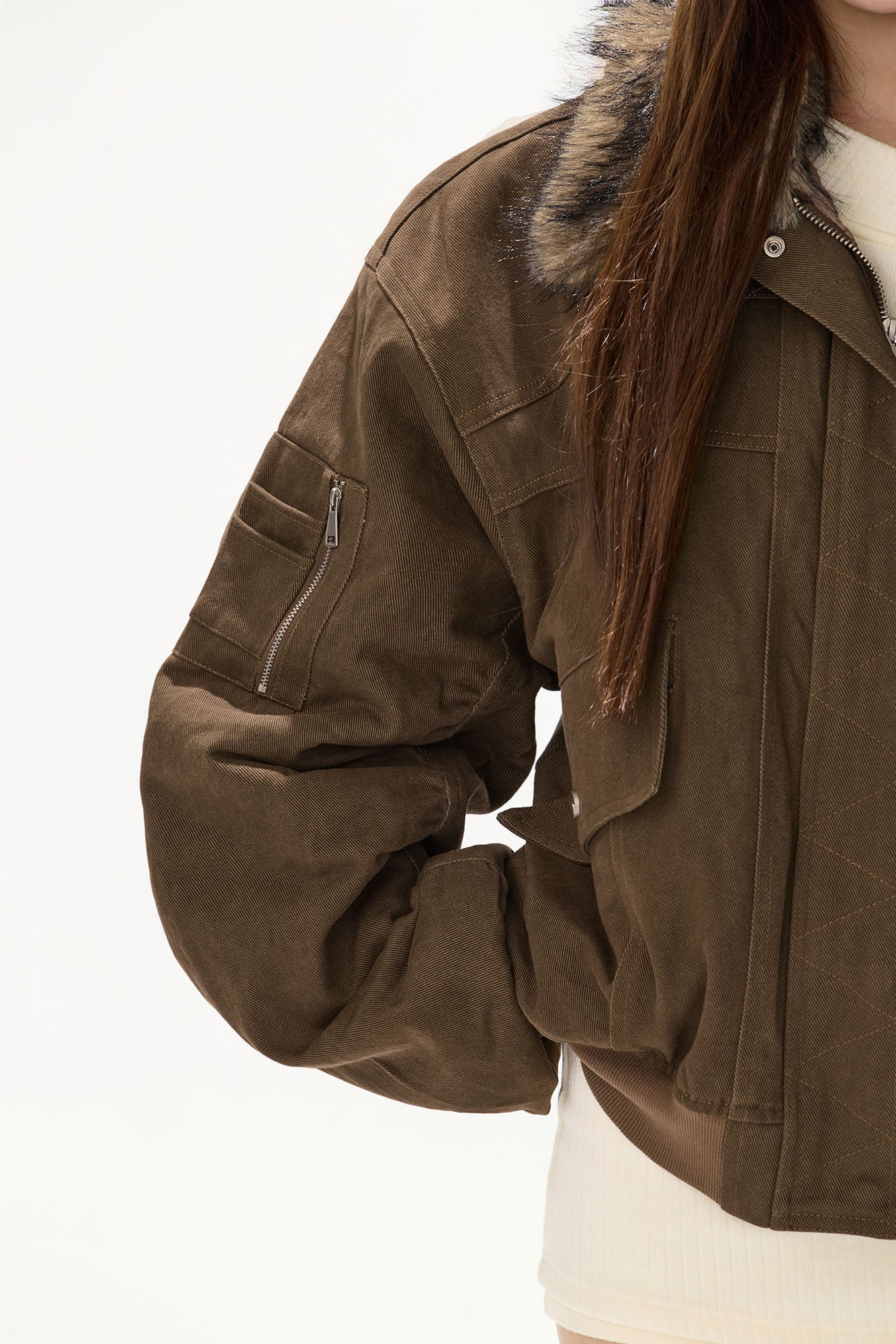 CYGNENOYR Faux Fur-Trim Utility Bomber Jacket