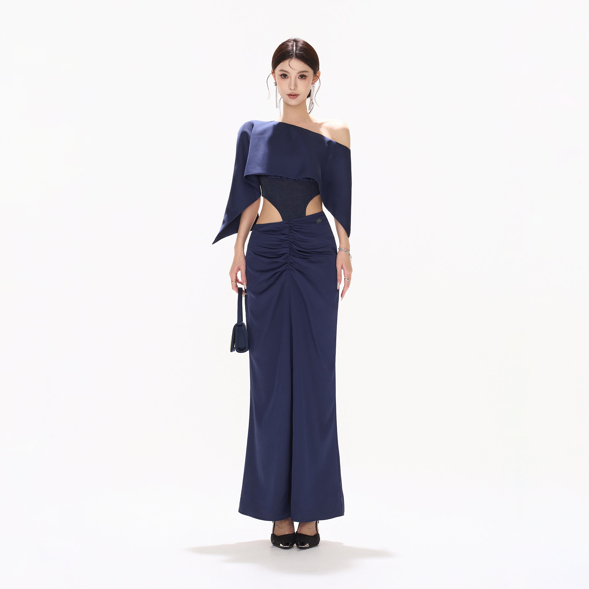 CYNR Cape-Drape Ruched Satin Dress
