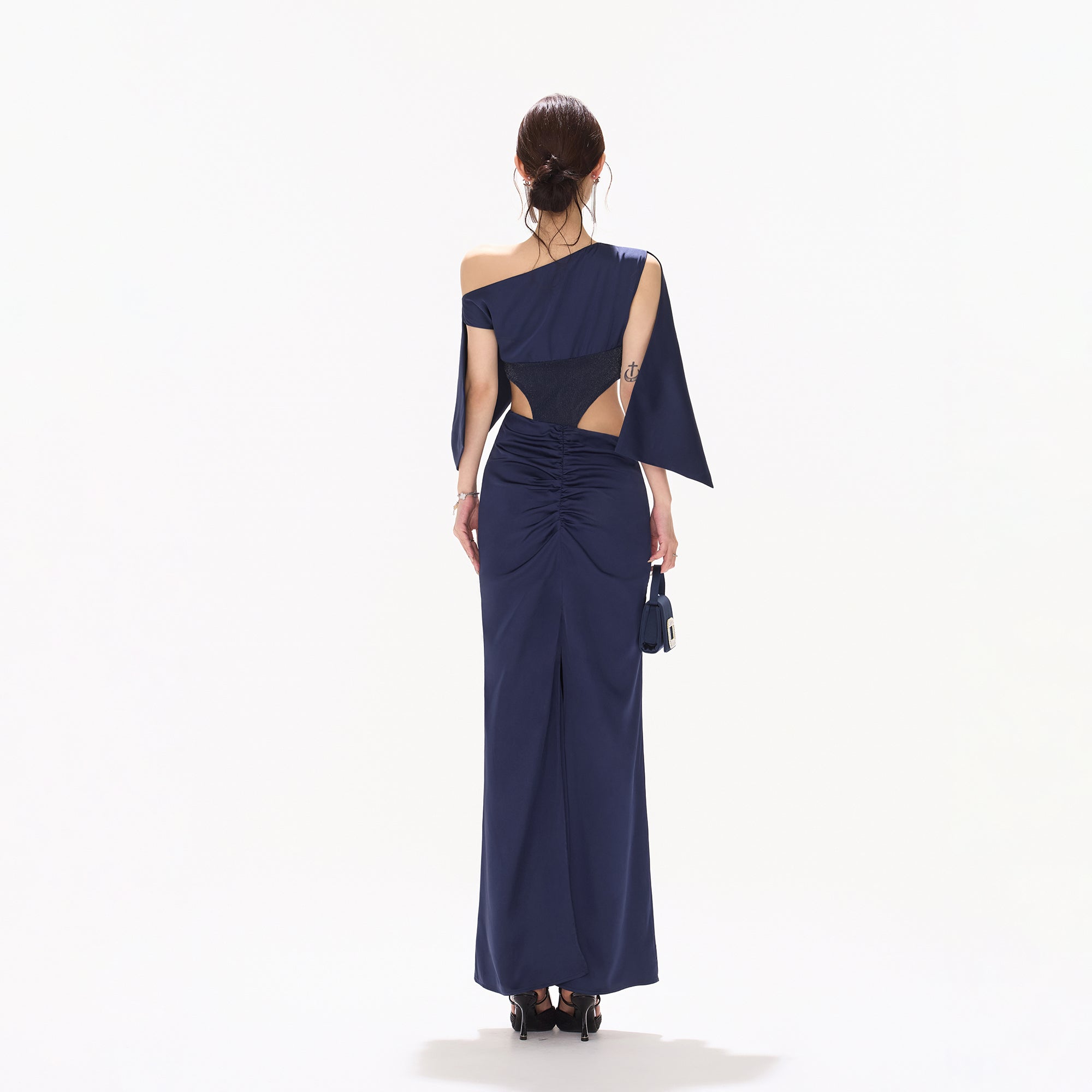 CYNR Cape-Drape Ruched Satin Dress
