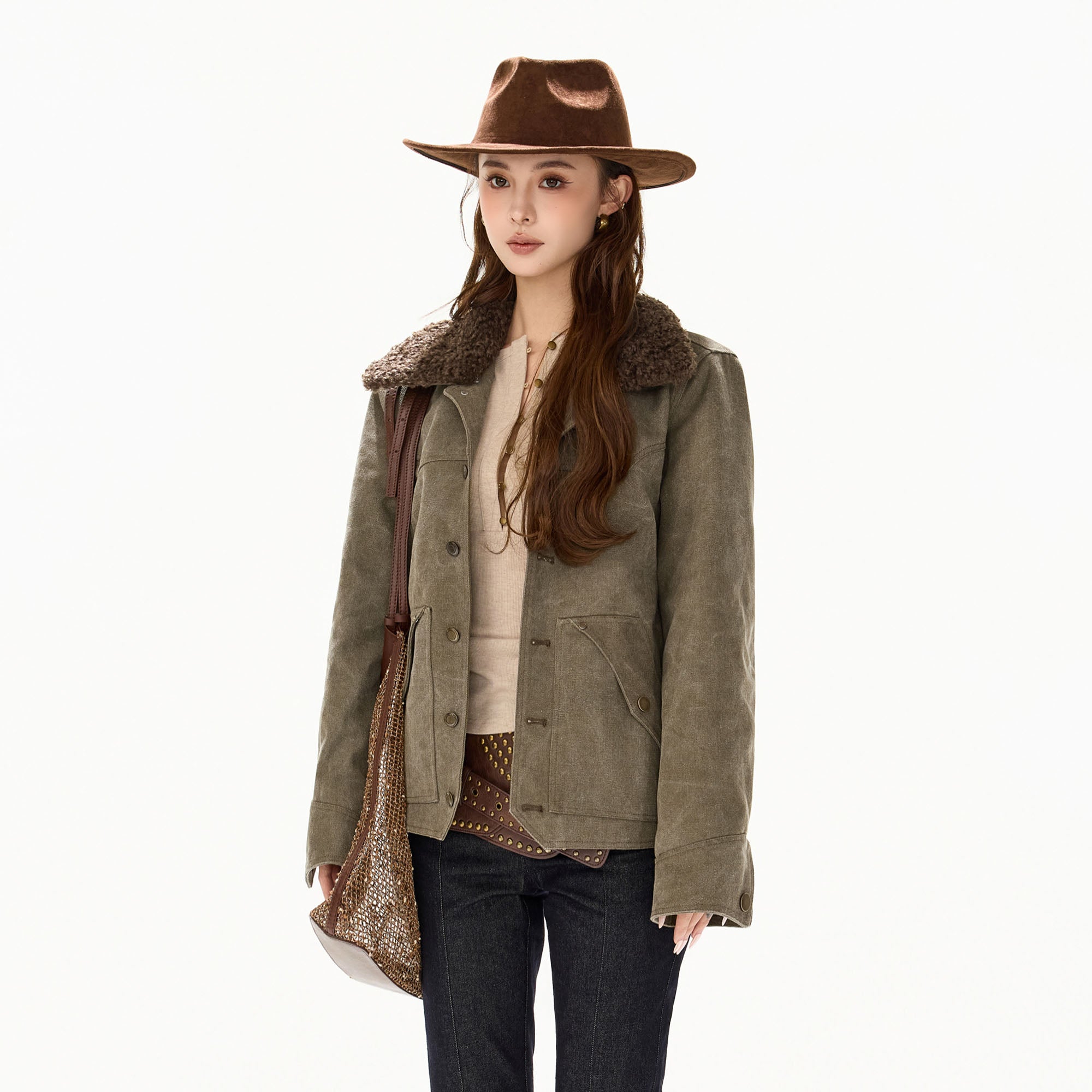 CYGNENOYR Detachable Sherpa Trim Washed Jacket