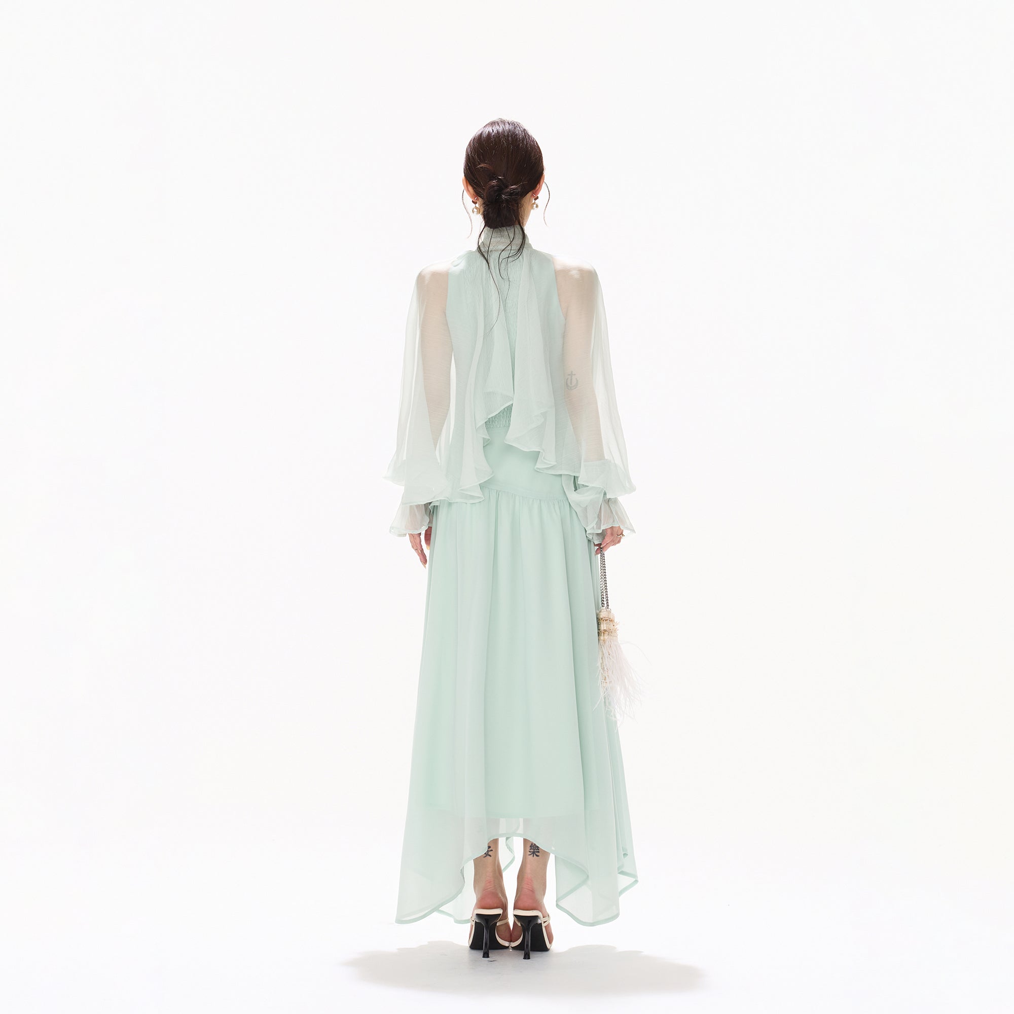 CYNR Ruffle Bow-Neck Asymmetrical Chiffon Dress