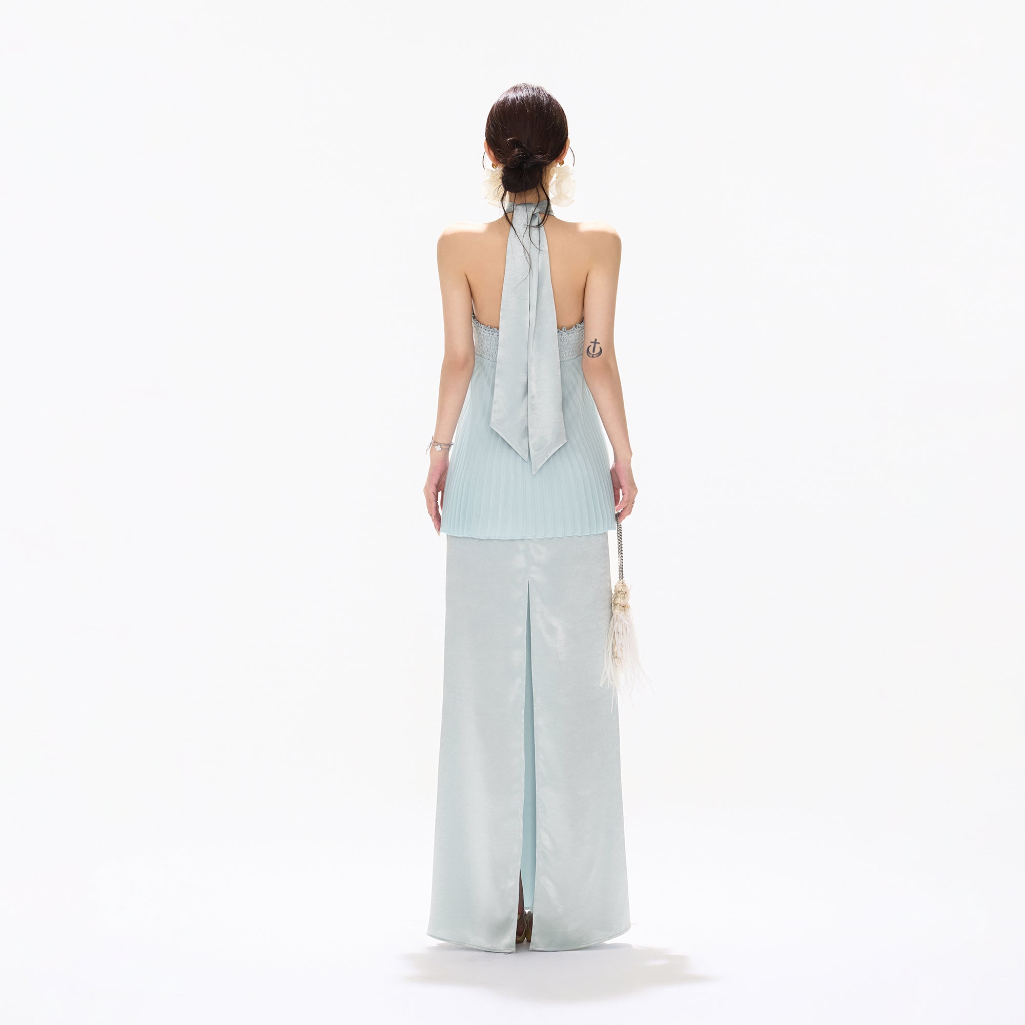 CYNR Pleated Tie-Neck Halter Maxi Dress