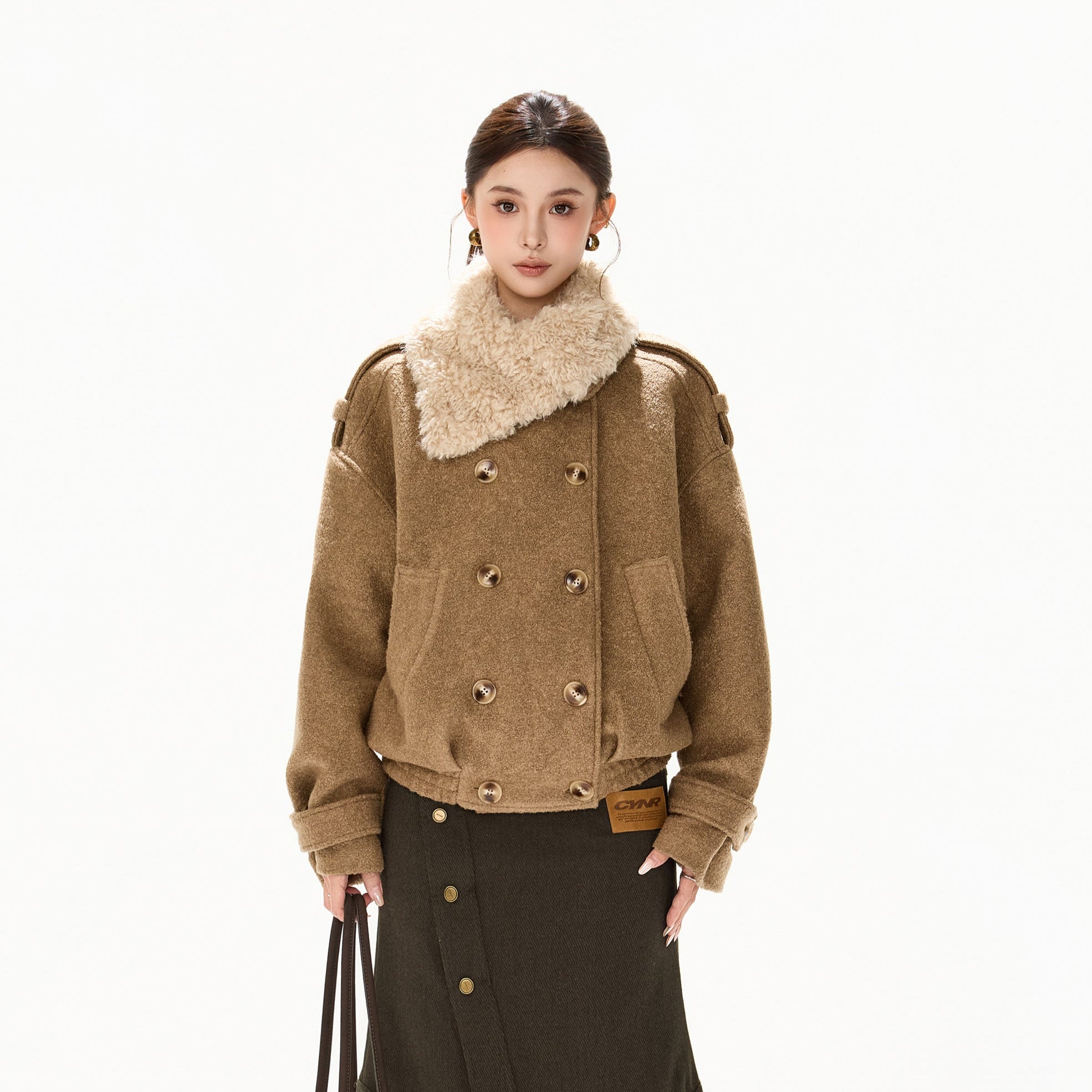 CYGNENOYR Asymmetric Detachable-Collar Wool-Blend Coat