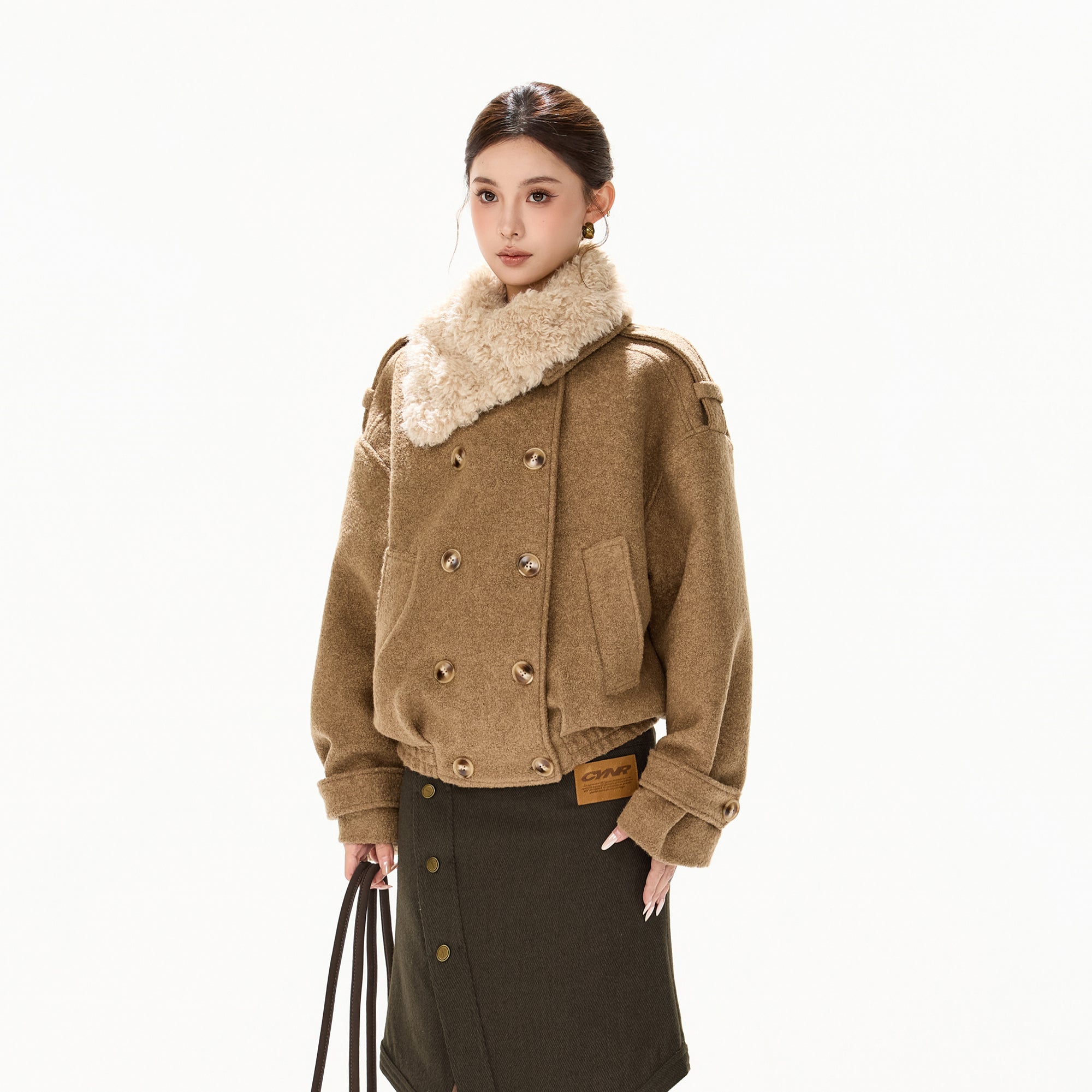 CYGNENOYR Asymmetric Detachable-Collar Wool-Blend Coat