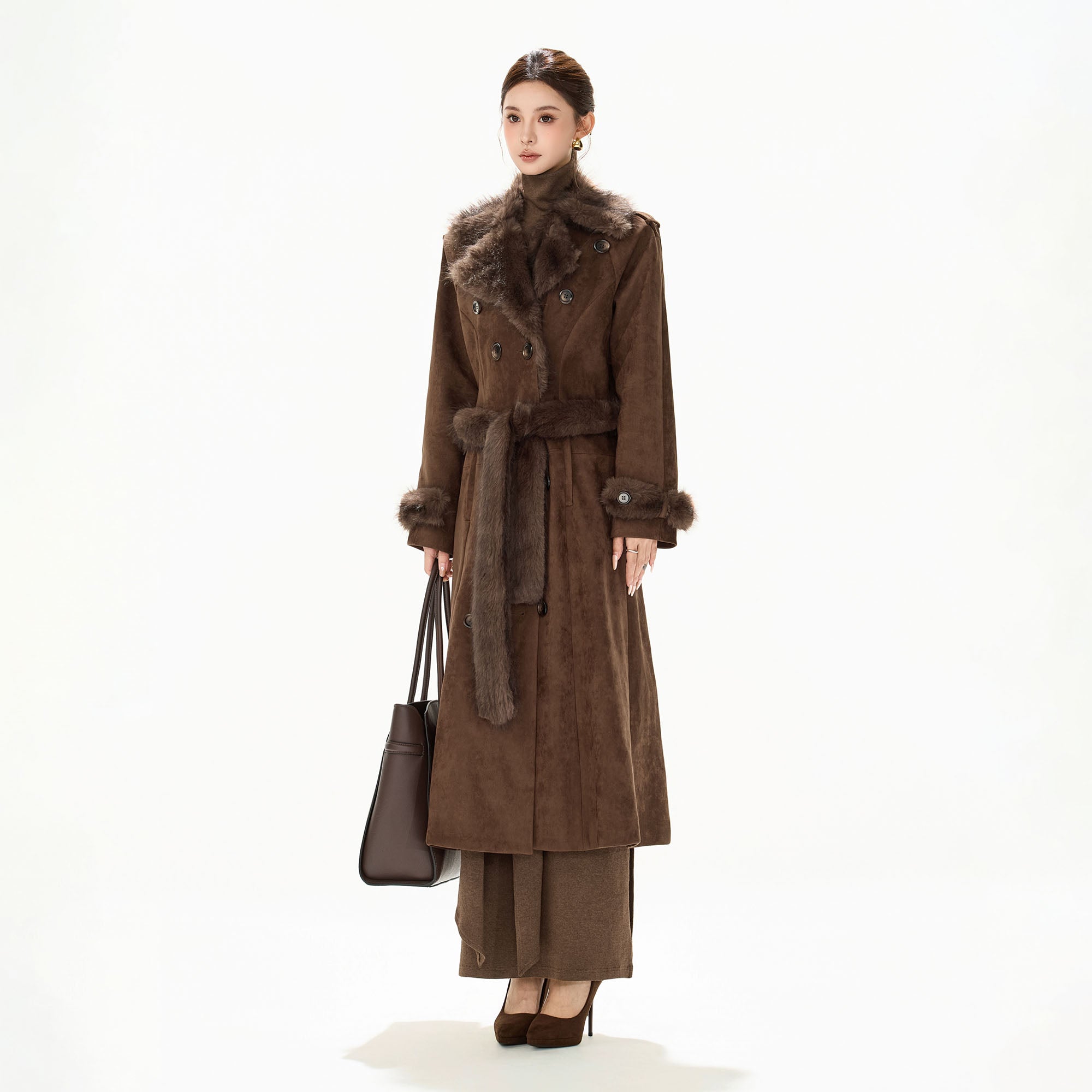 CYNR Faux-Fur Trim Faux Suede Belted Long Coat