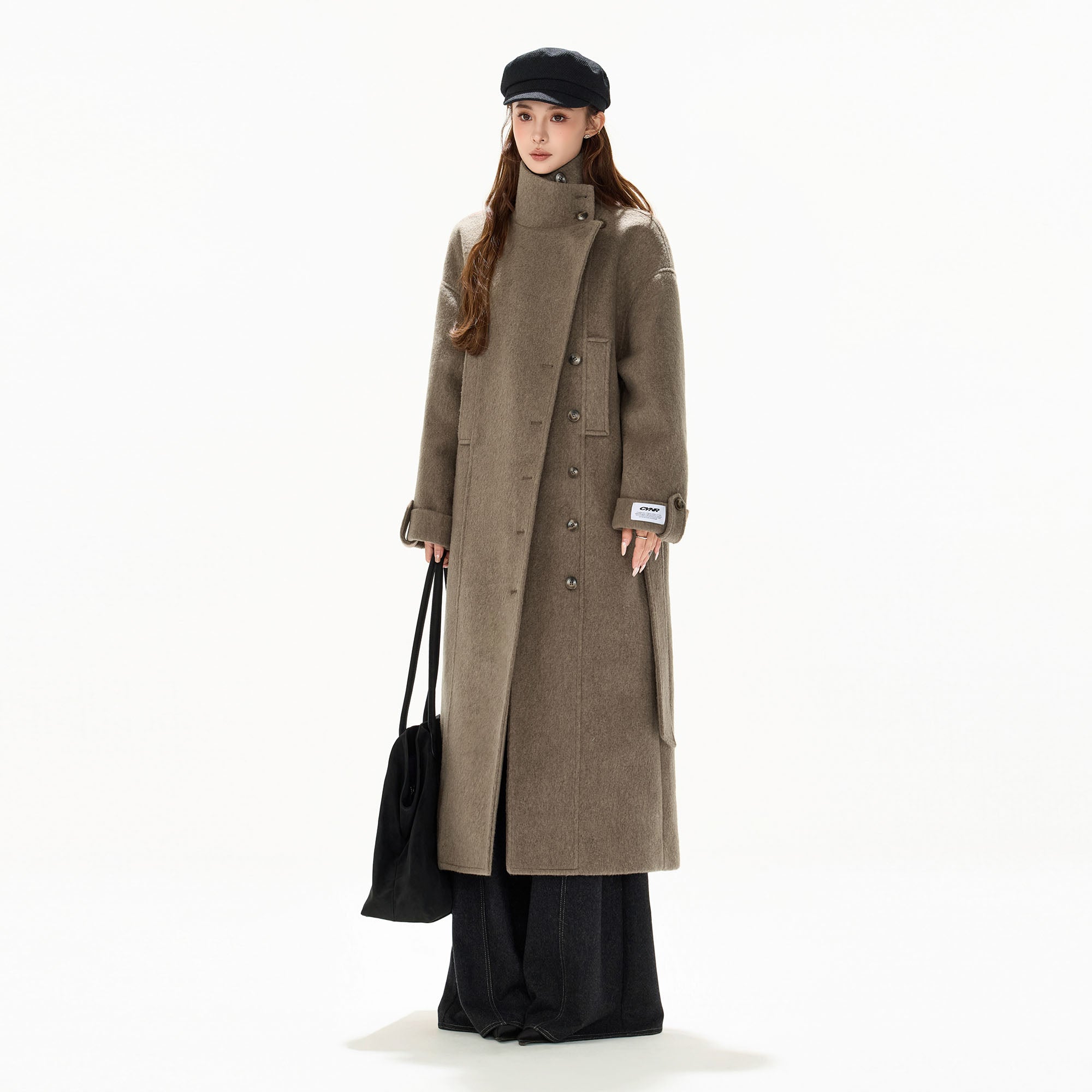 CYGNENOYR Modern Asymmetric Belted Longline Coat