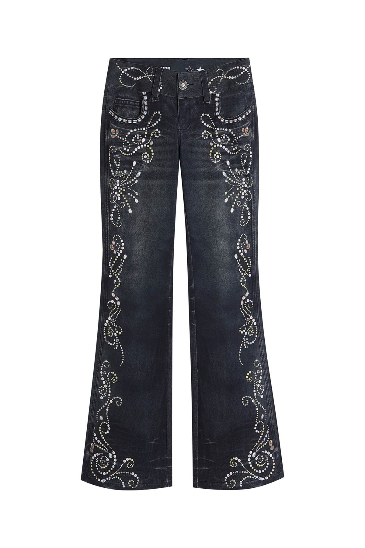 FAYCHUI Retro Gemstone Floral Flared Low-Rise Jeans