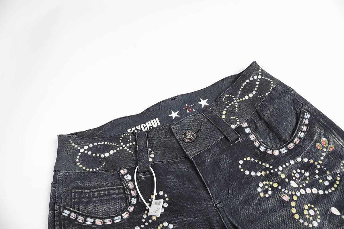 FAYCHUI Retro Gemstone Floral Flared Low-Rise Jeans