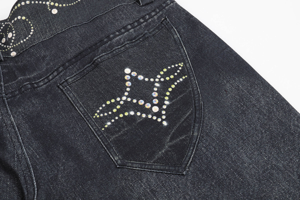 FAYCHUI Retro Gemstone Floral Flared Low-Rise Jeans