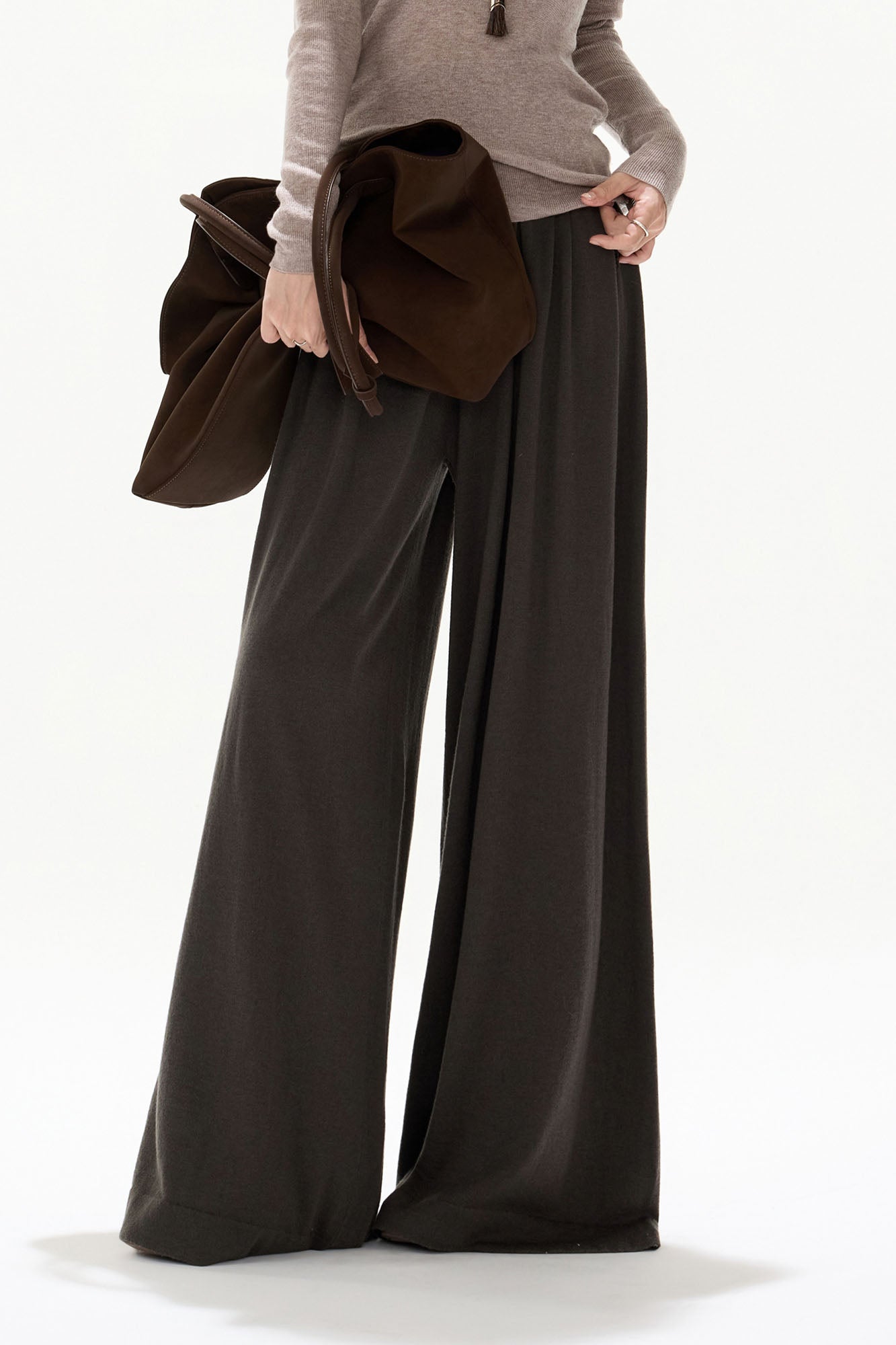 CYGNENOYR Ribbed High-Waist Wide-Leg Drape Pants