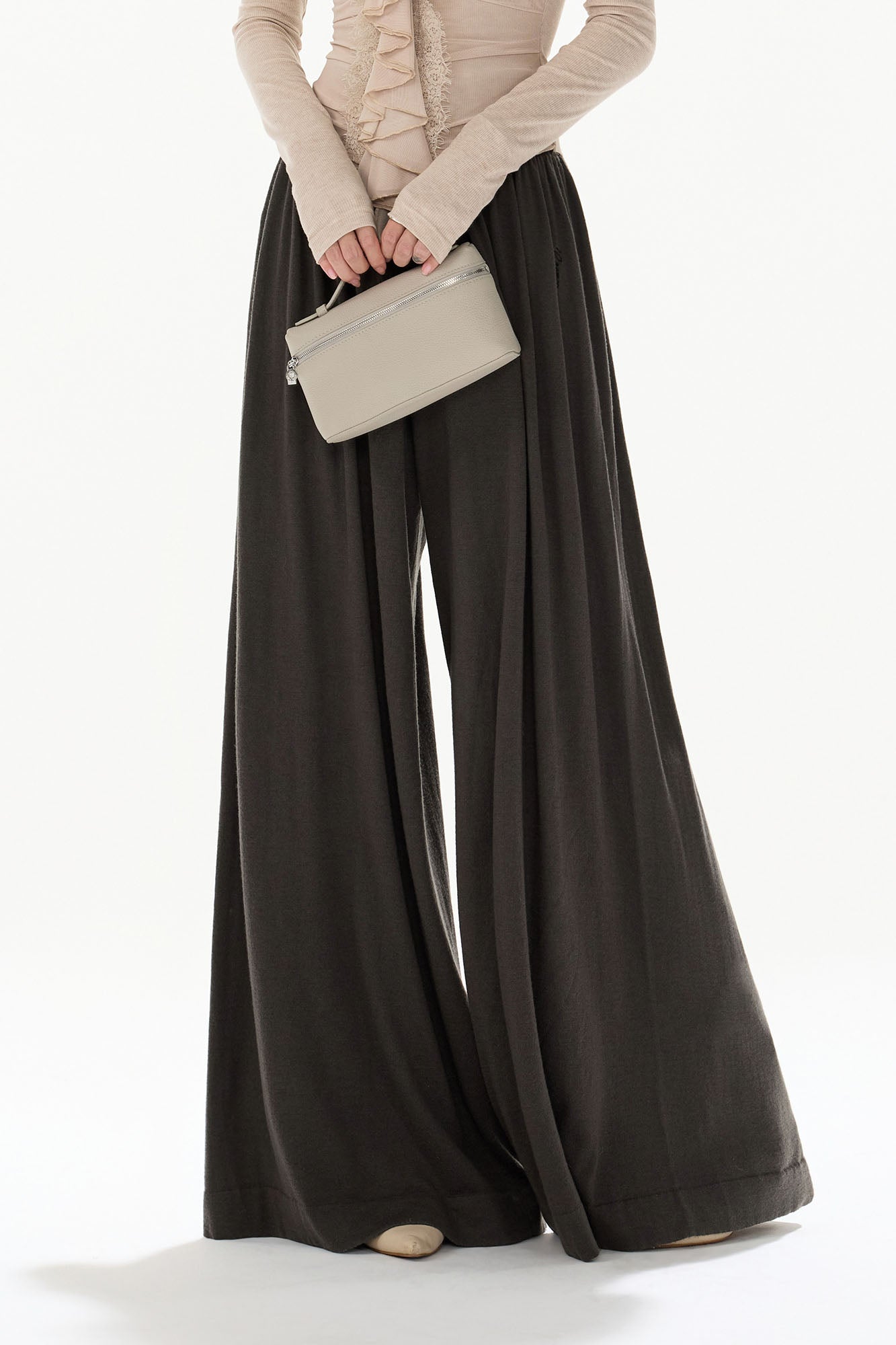 CYGNENOYR Ribbed High-Waist Wide-Leg Drape Pants