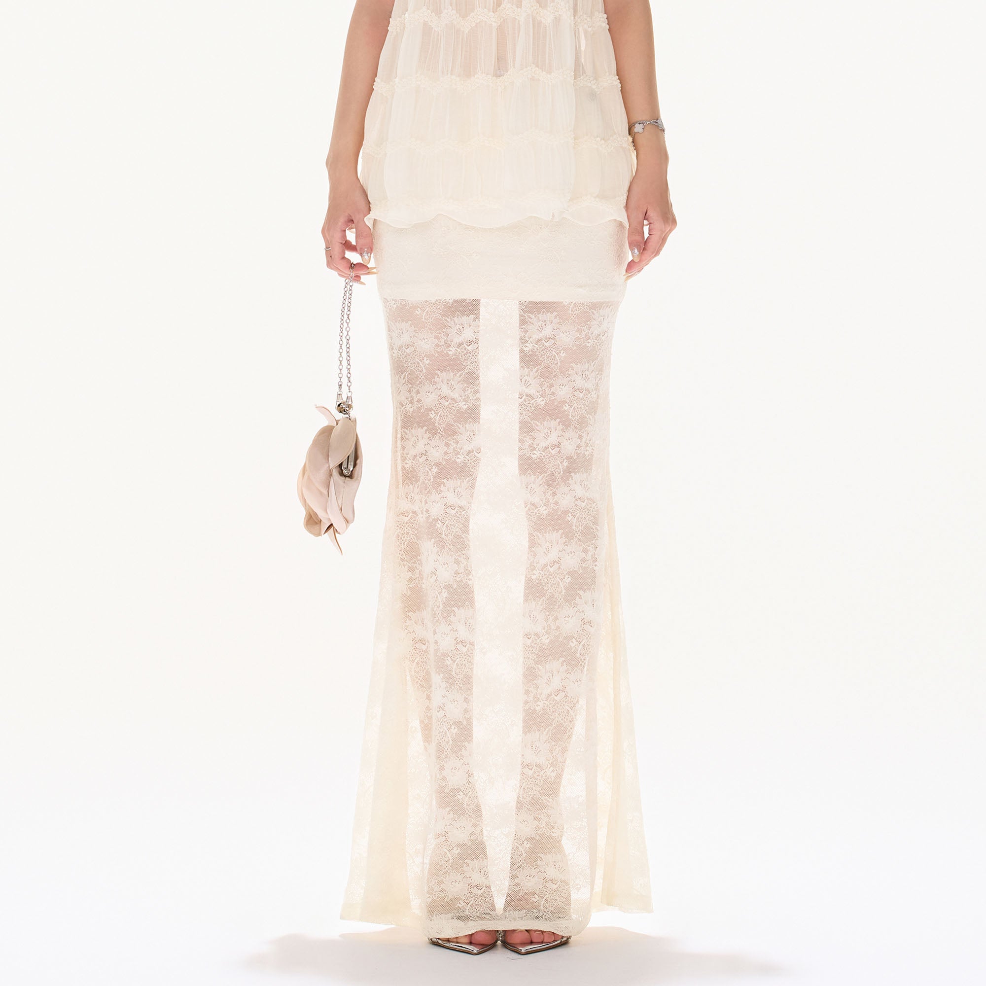 CYNR Sheer Floral Lace Maxi Skirt
